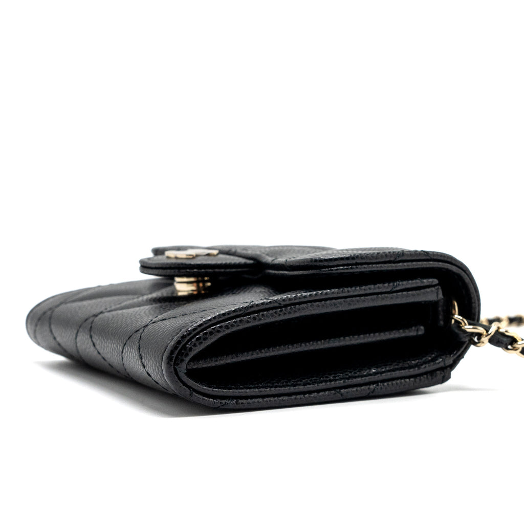 CHANEL CARD HOLDER WITH CHAIN CAVIAR BLACK LGHW