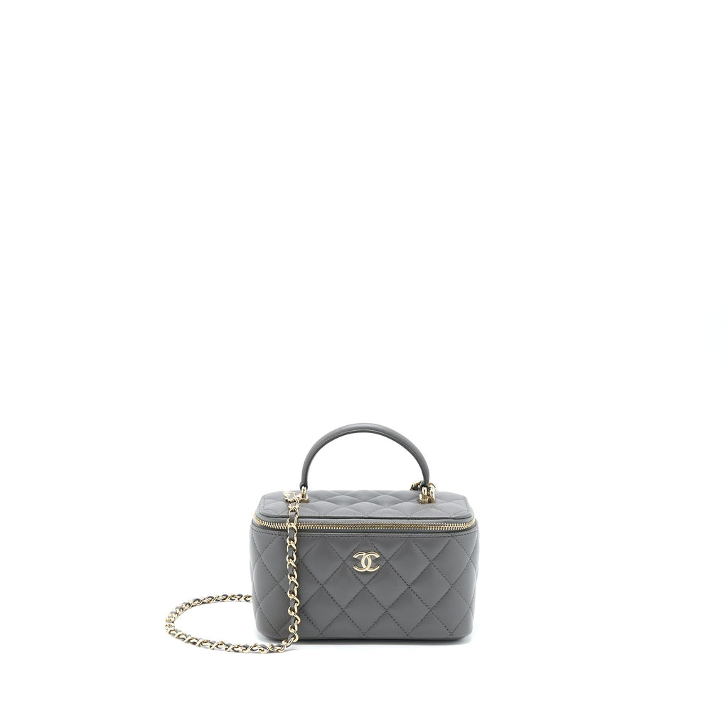 CHANEL 22A TOP HANDLE LONG VANITY WITH CHAIN LAMBSKIN GREY LGHW