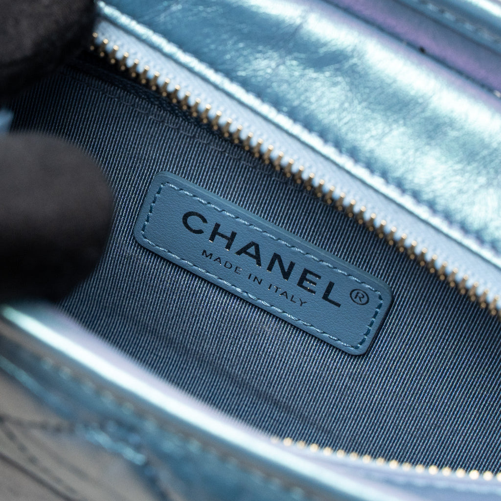 CHANEL SMALL GABRIELLE HOBO BAG AGED CALFSKIN IRIDESCENT BLUE MULTICOLOUR HARDWARE