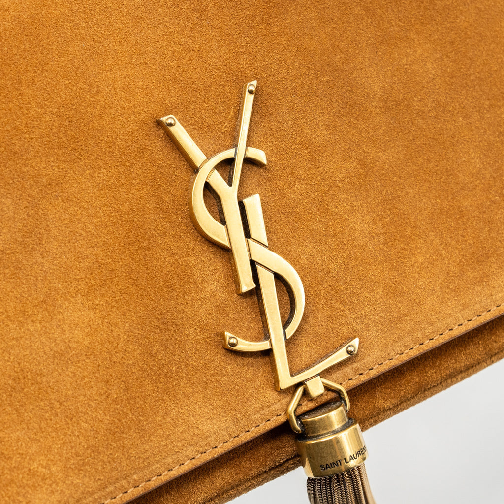 SAINT LAURENT KATE TASSEL CROSSBODY BAG SUEDE BROWN GHW