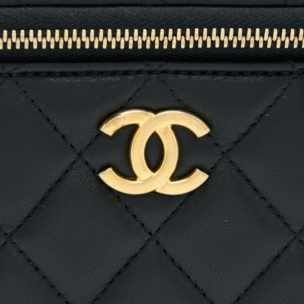 CHANEL LEATHER CHAIN TOP HANDLE LONG VANITY LAMBSKIN BLACK GHW