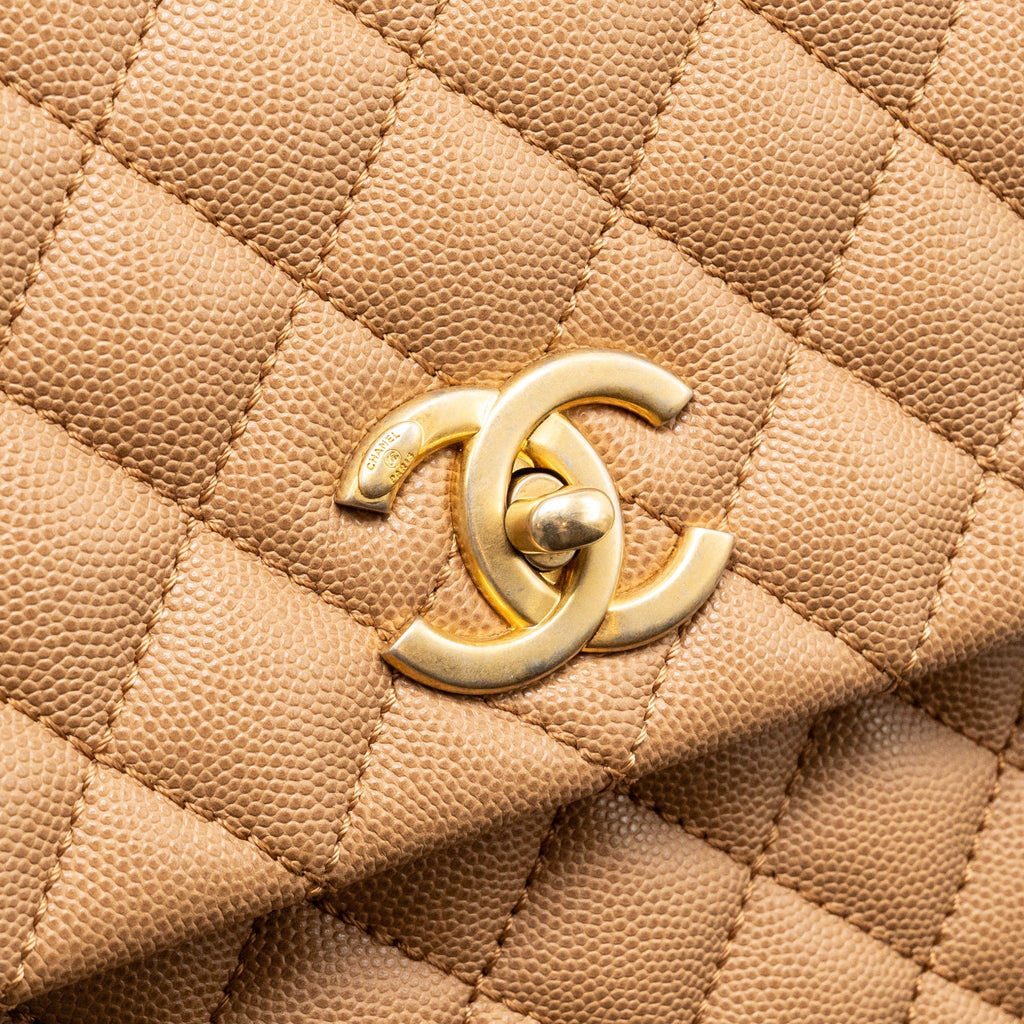 CHANEL LARGE COCO HANDLE WITH LIZARD HANDLE CAVIAR BEIGE GHW
