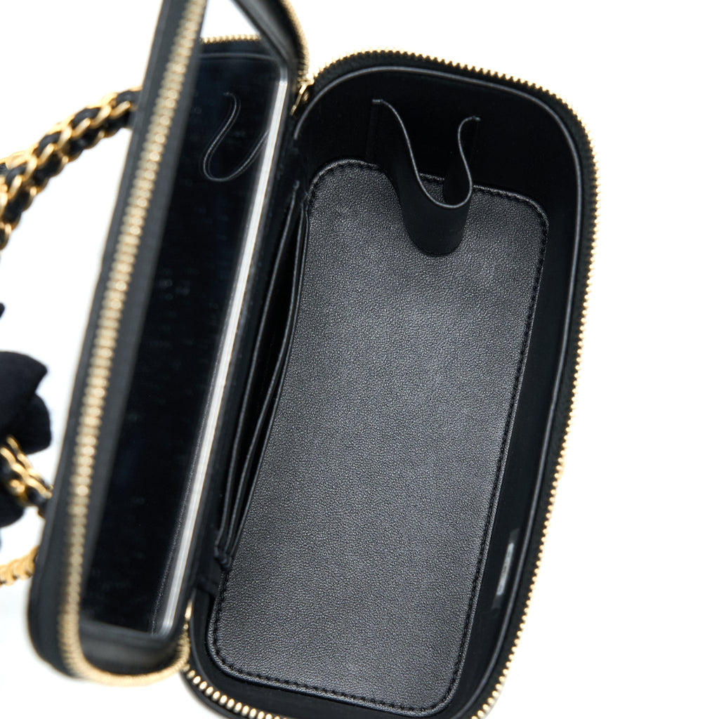 CHANEL LEATHER CHAIN TOP HANDLE LONG VANITY LAMBSKIN BLACK GHW