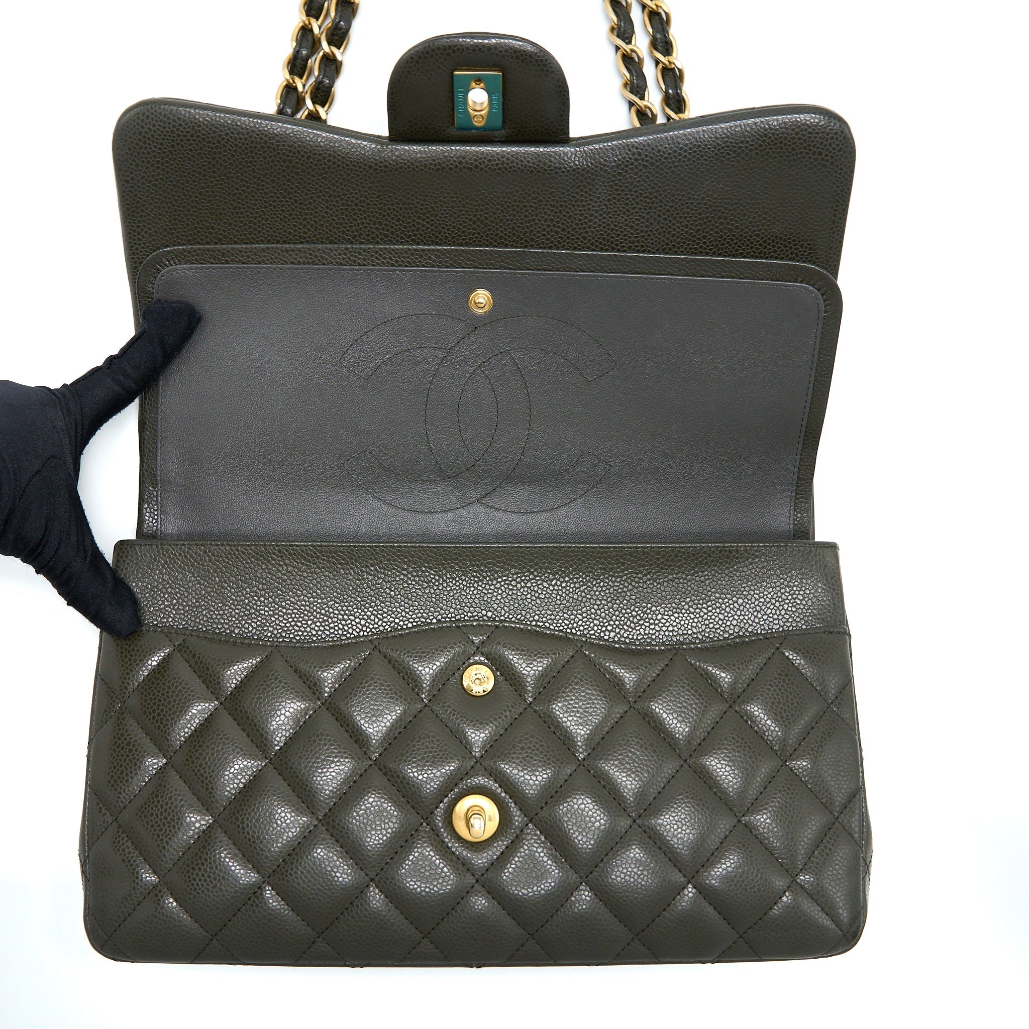 CHANEL CLASSIC JUMBO DOUBLE FLAP BAG CAVIAR OLIVE GREEN GHW