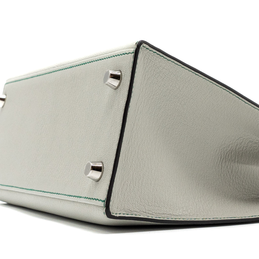 HERMES KELLY 25 CHEVRE MYSORE LEATHER GRIS PERLE / MALACHITE / VERT EMERAUDE BRUSHED SHW