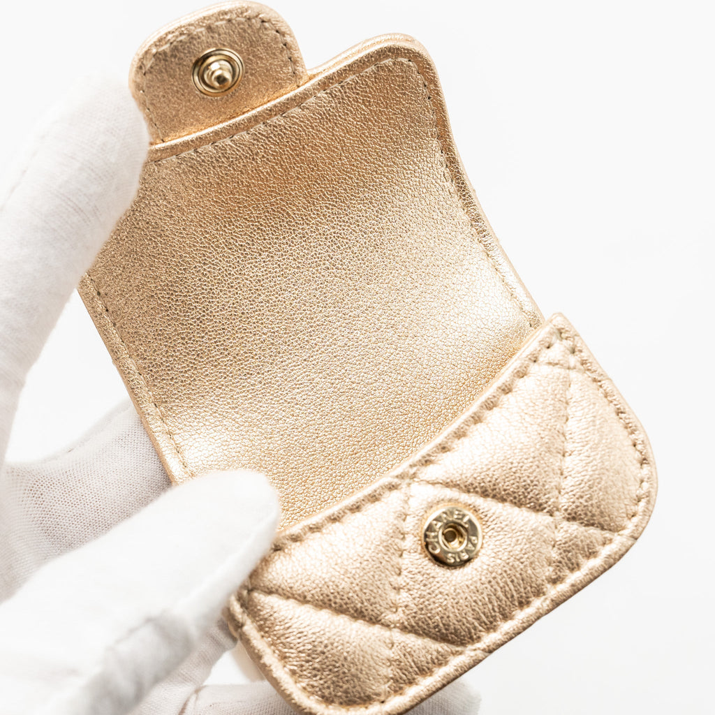 CHANEL ROUND CLIP ON PURSE DUO BAG CHARM QUILTED LAMBSKIN METALLIC GOLD LGHW (MIRCOCHIP)