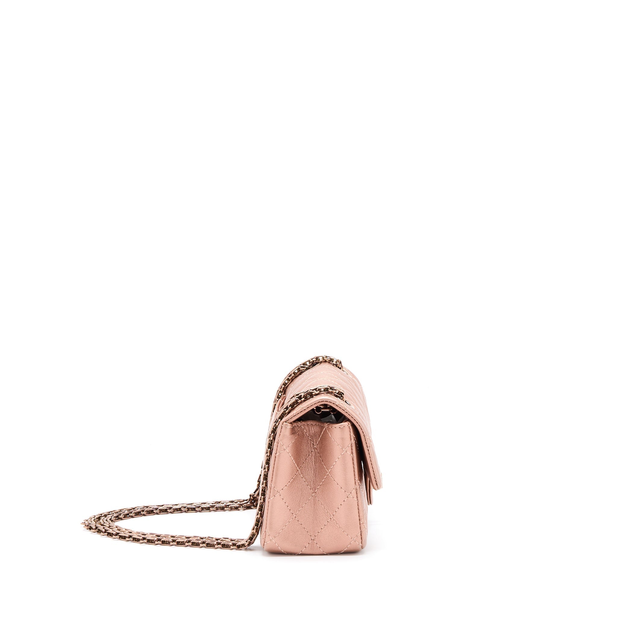 CHANEL MINI 2.55 REISSUE FLAP BAG CALFSKIN METALLIC PINK BRUSHED GOLD (MICROCHIP)