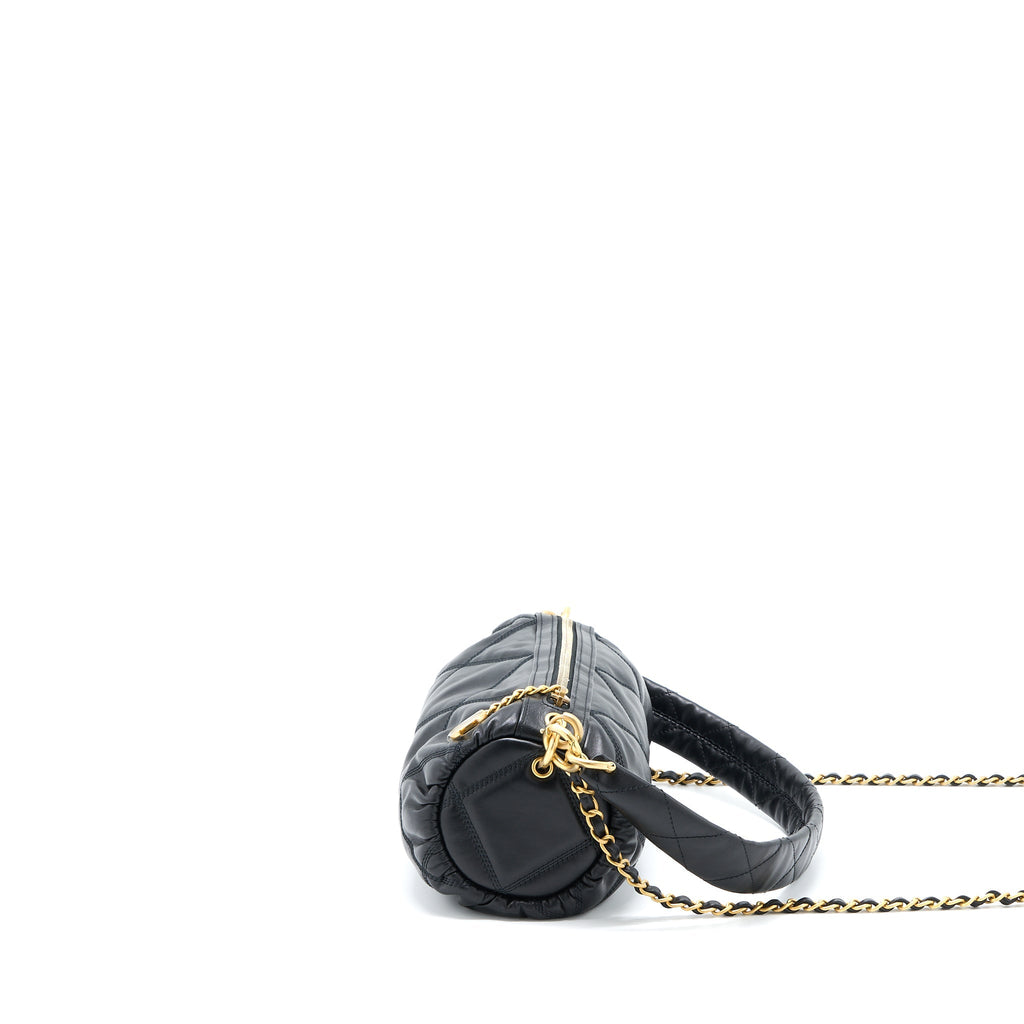 CHANEL MINI BOWLING BAG WITH CHAIN LAMBSKIN BLACK BRUSHED GHW (MICROCHIP)
