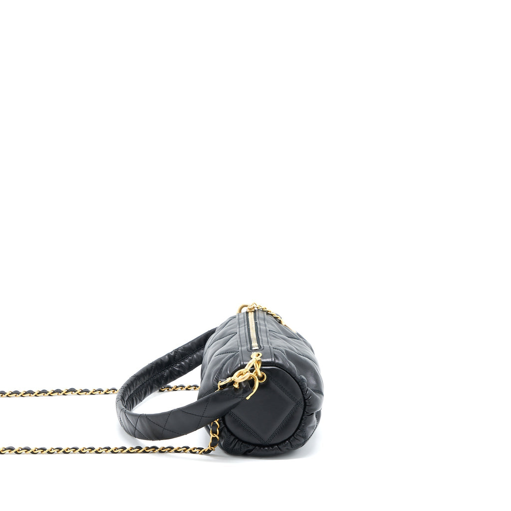 CHANEL MINI BOWLING BAG WITH CHAIN LAMBSKIN BLACK BRUSHED GHW (MICROCHIP)