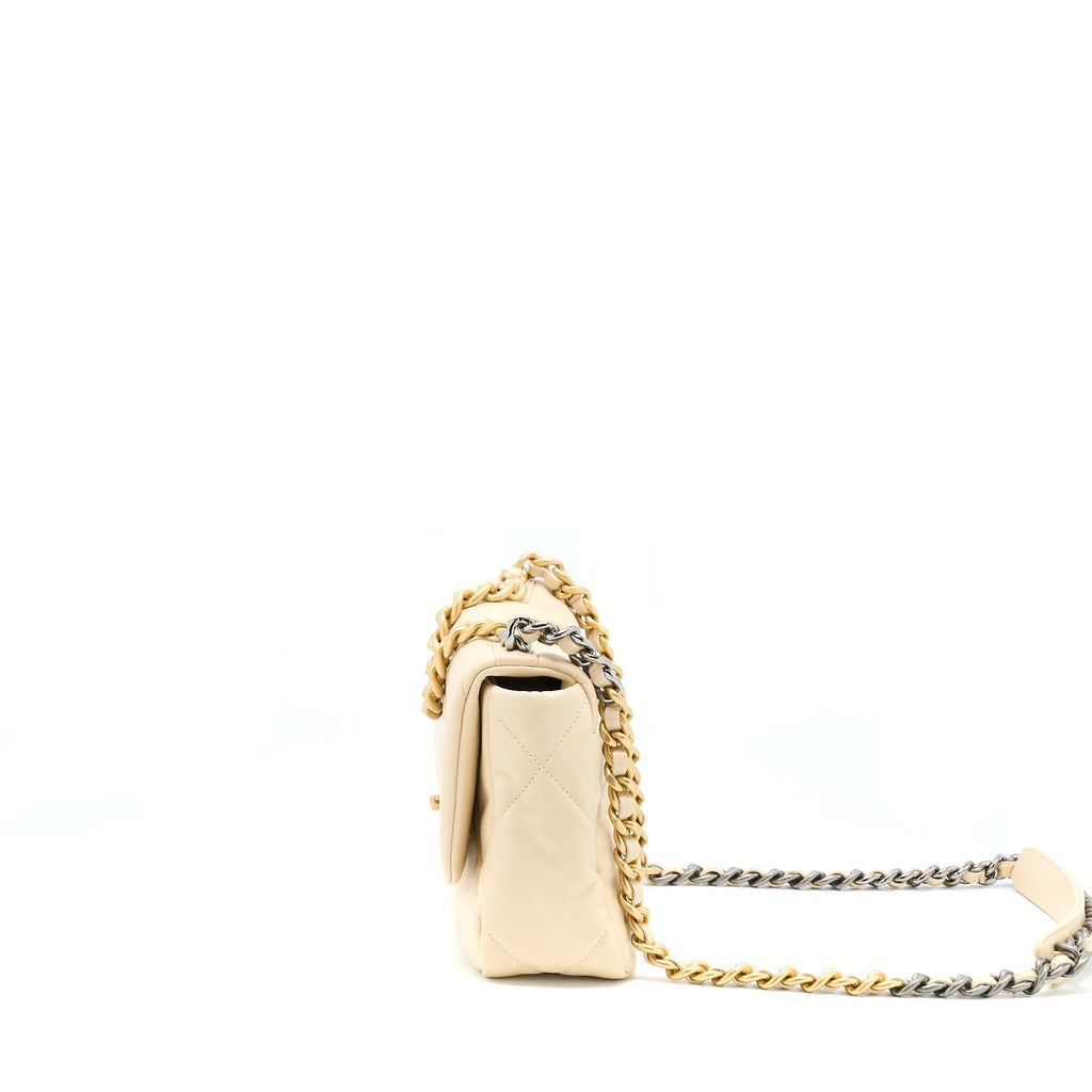 CHANEL SMALL 19 BAG GOATSKIN BEIGE WITH MULTICOLOUR HARDWARE