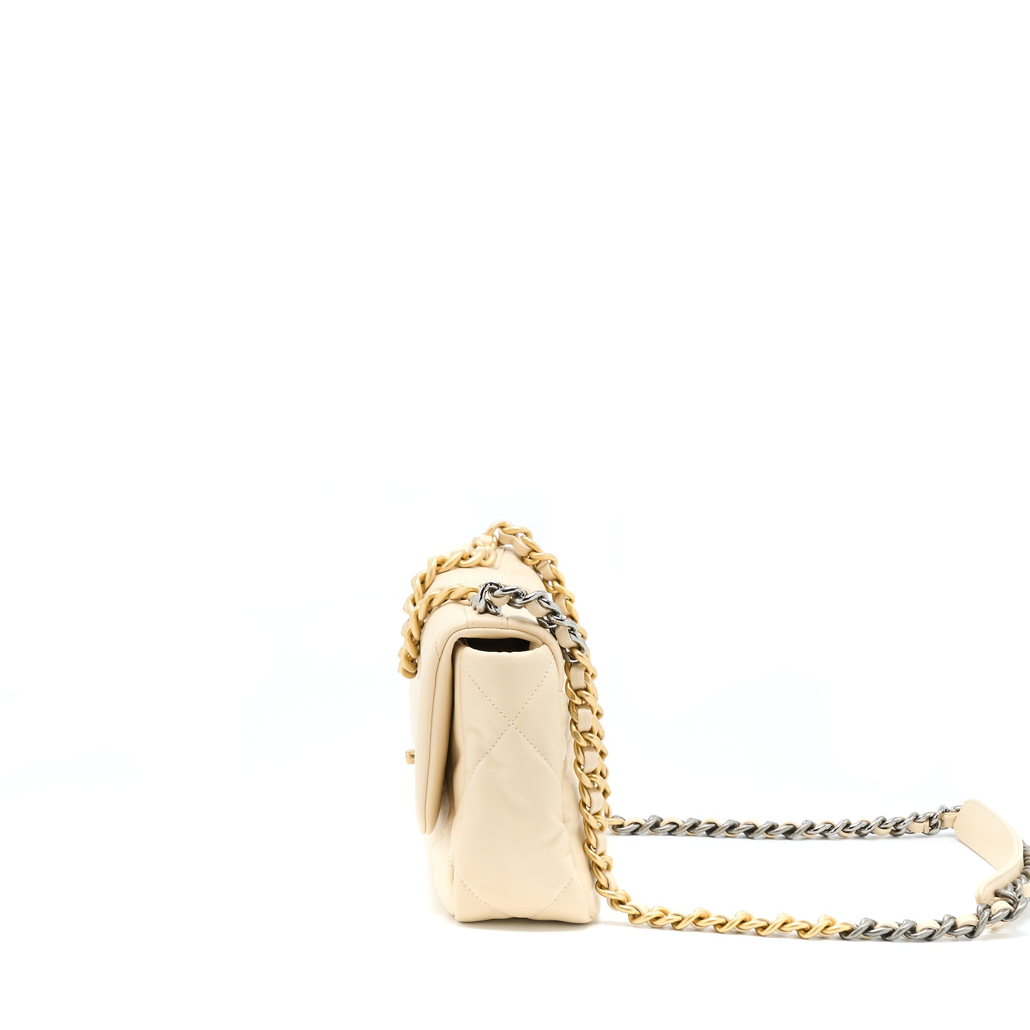 CHANEL SMALL 19 BAG GOATSKIN BEIGE WITH MULTICOLOUR HARDWARE