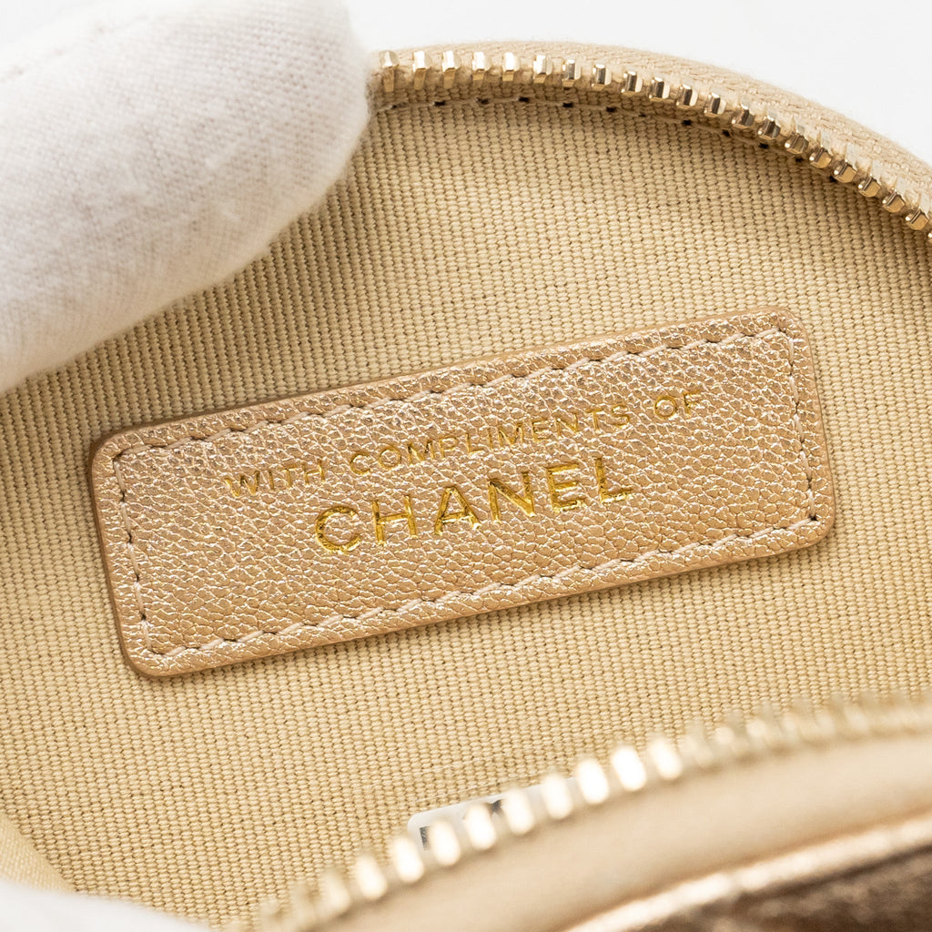 CHANEL ROUND CLIP ON PURSE DUO BAG CHARM QUILTED LAMBSKIN METALLIC GOLD LGHW (MIRCOCHIP)