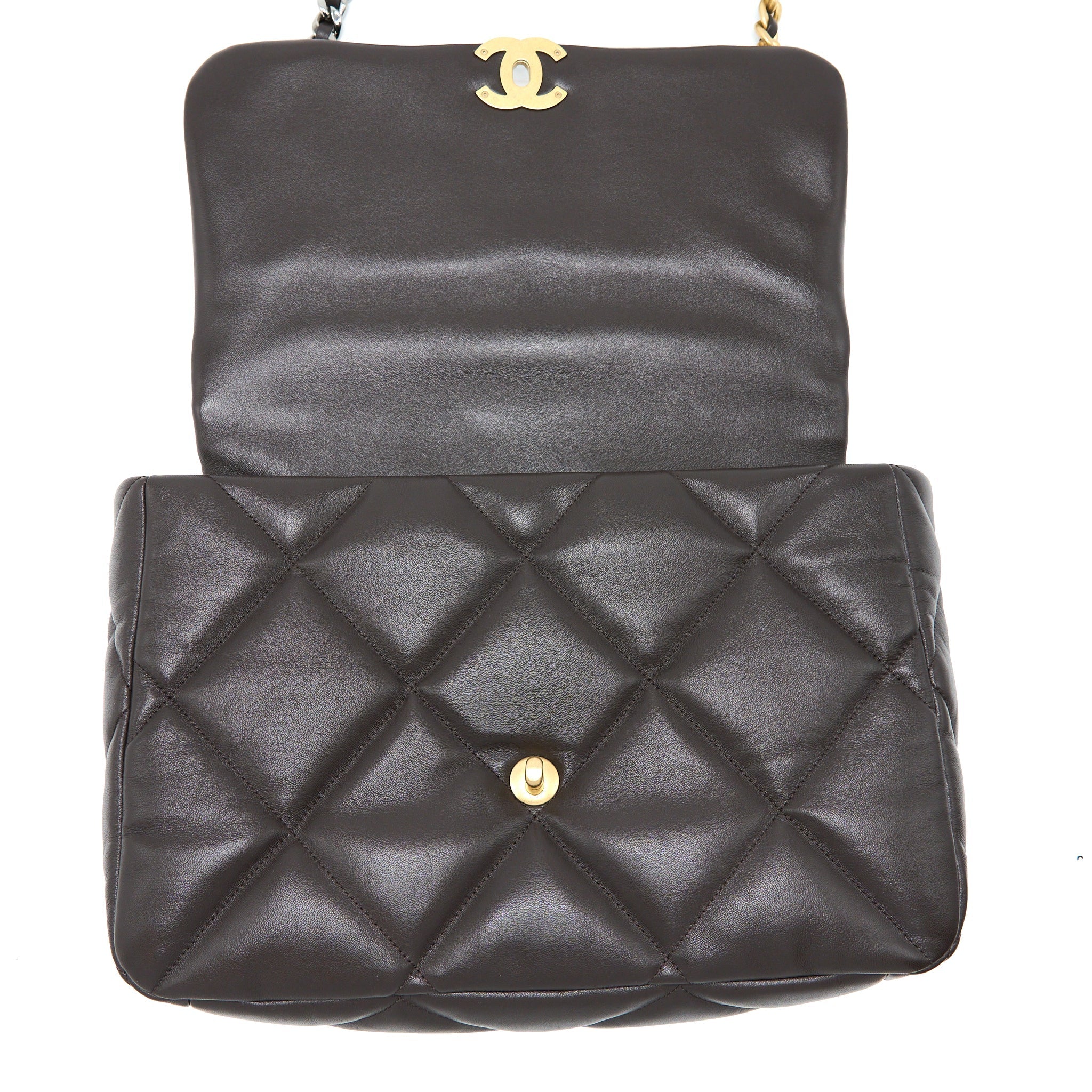 CHANEL 21A MAXI 19 FLAP BAG LAMBSKIN DARK BROWN MULTICOLOUR HARDWARE (MICROCHIP)
