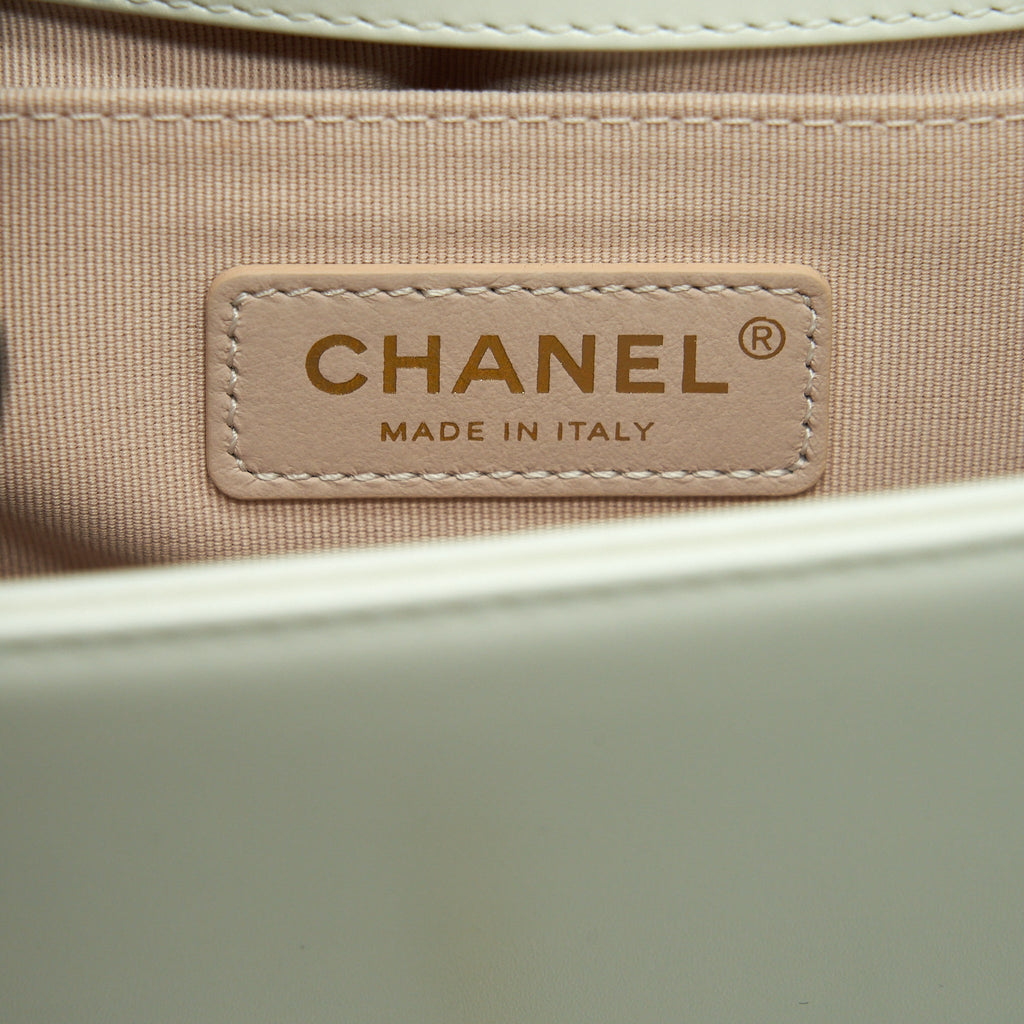 CHANEL MINI BOY HANDBAG CALFSKIN WHITE GHW (MICROCHIP)