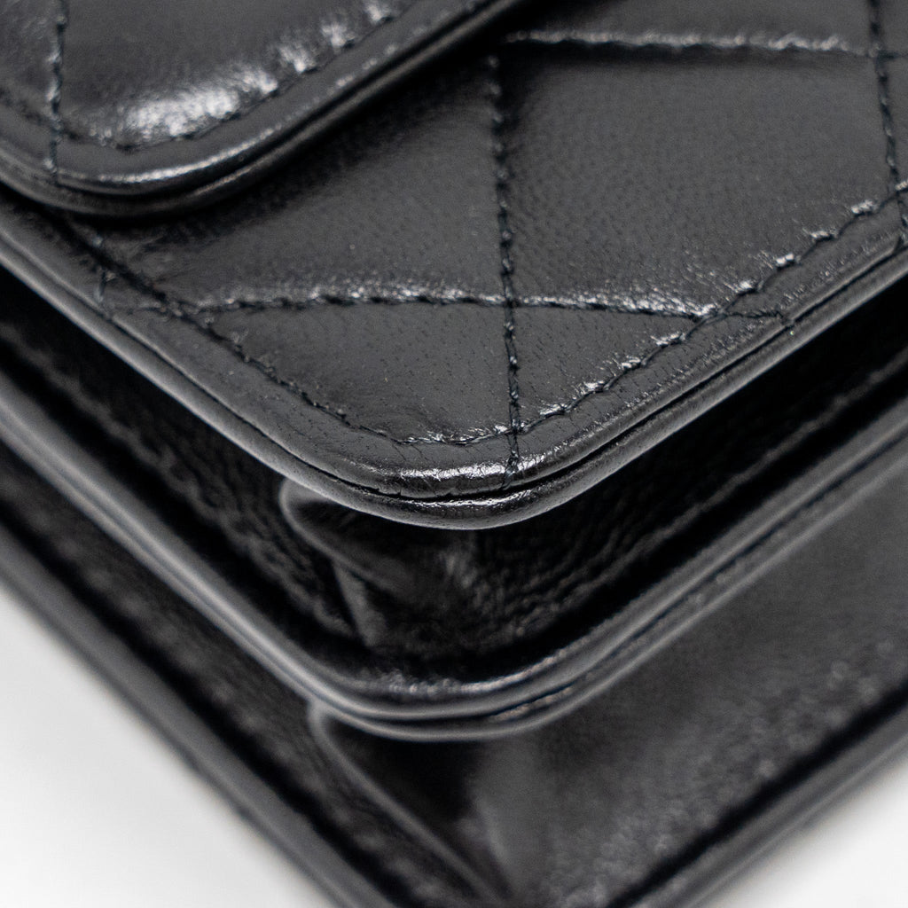 CHANEL TOP HANDLE FLAP WALLET WITH CHAIN LAMBSKIN SO BLACK (MICROCHIP)