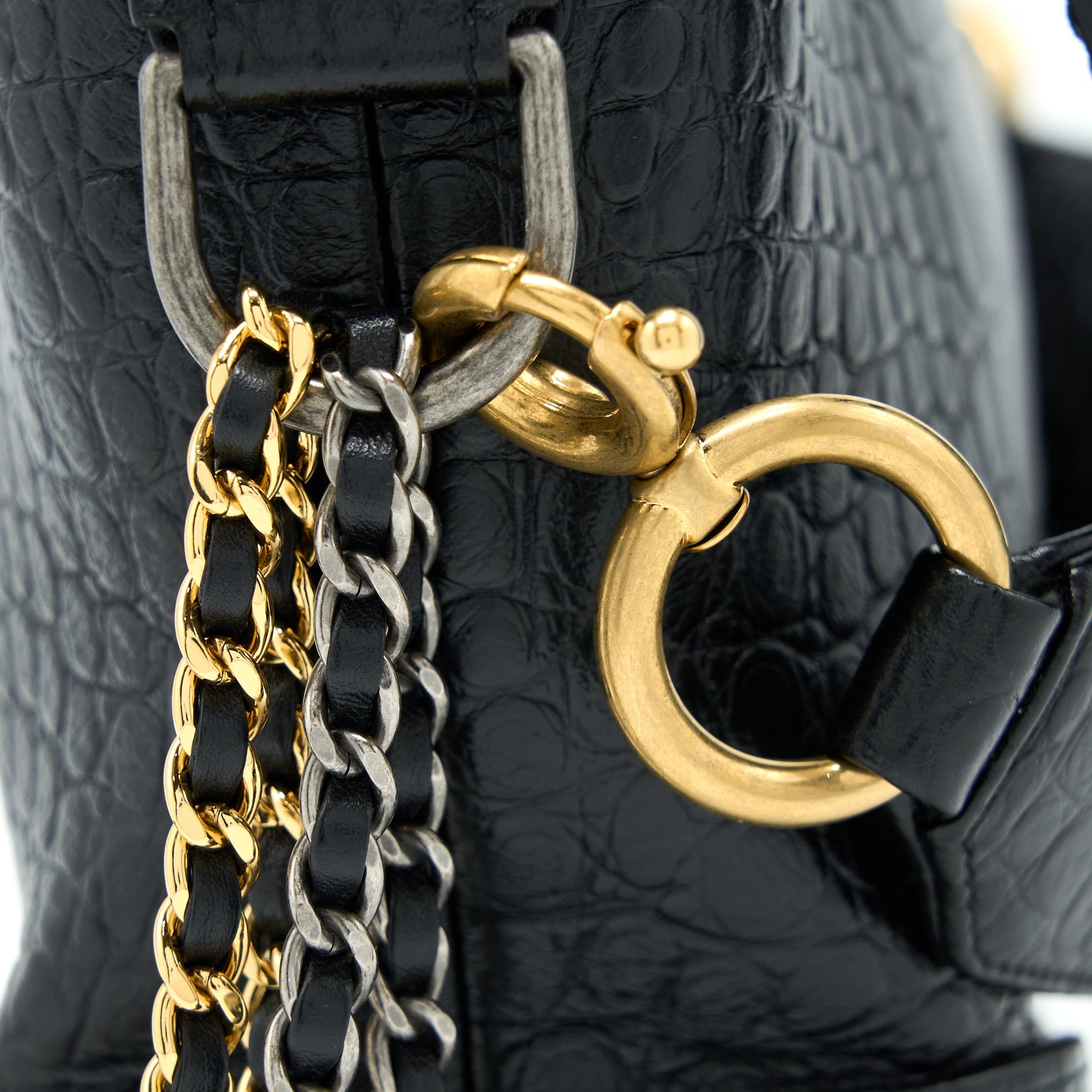 CHANEL LARGE GABRIELLE HOBO BAG CROC EMBOSSED CALFSKIN WITH LOGO STRAP BLACK MULTICOLOURED HARDWARE