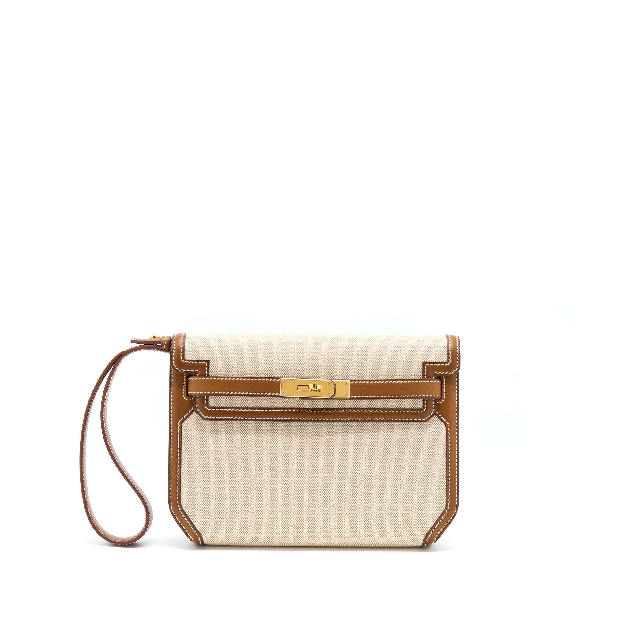 HERMES POCHETTE KELLY DEPECHES 25 CANVAS/BARENIA ECRU BEIGE/FAUVE GHW
