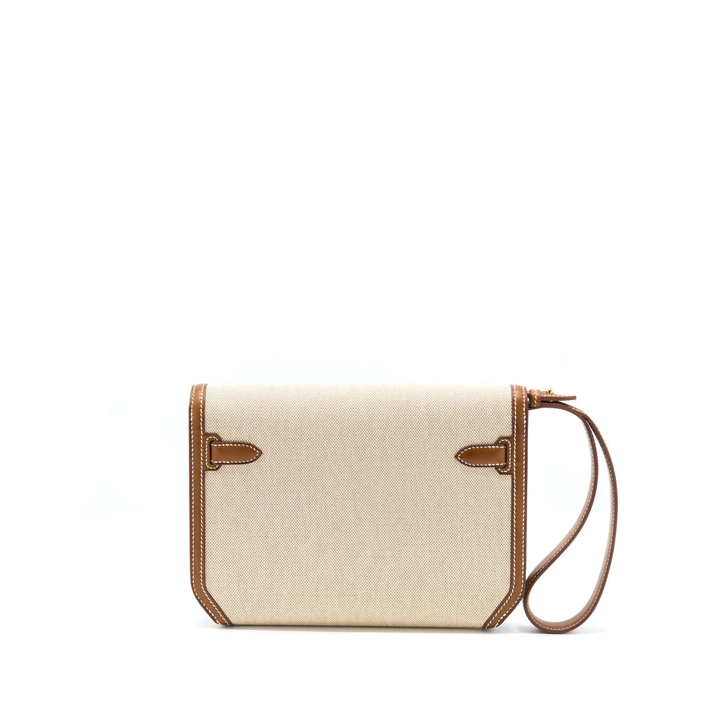 HERMES POCHETTE KELLY DEPECHES 25 CANVAS/BARENIA ECRU BEIGE/FAUVE GHW