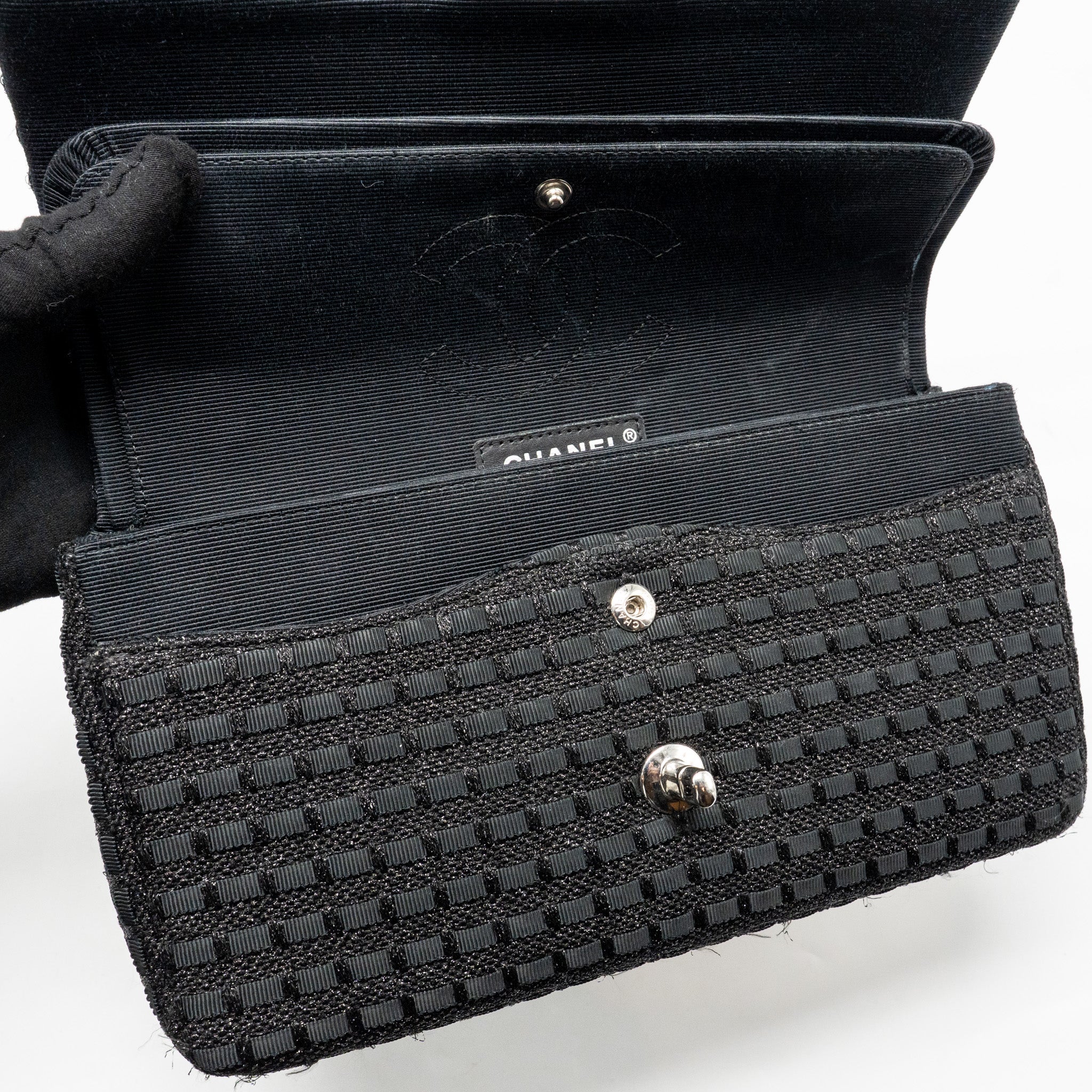 CHANEL MEDIUM CLASSIC DOUBLE FLAP BAG TWEED BLACK SHW