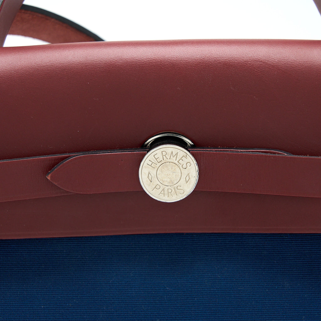 HERMES HERBAG ZIP 31 LEATHER/CANVAS BLUE/RED SHW