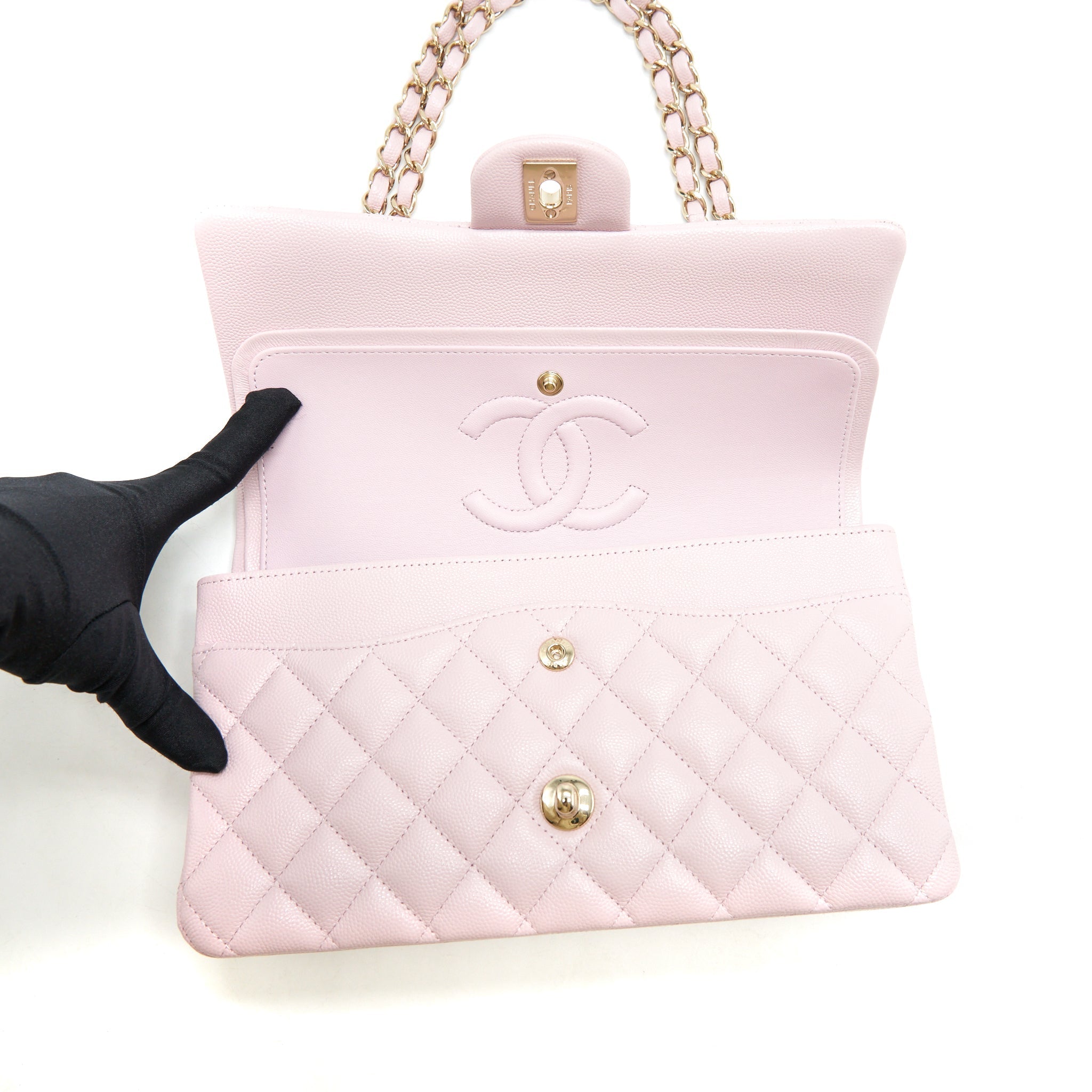 CHANEL MEDIUM CLASSIC DOUBLE FLAP BAG 21S CAVIAR LIGHT PINK LGHW
