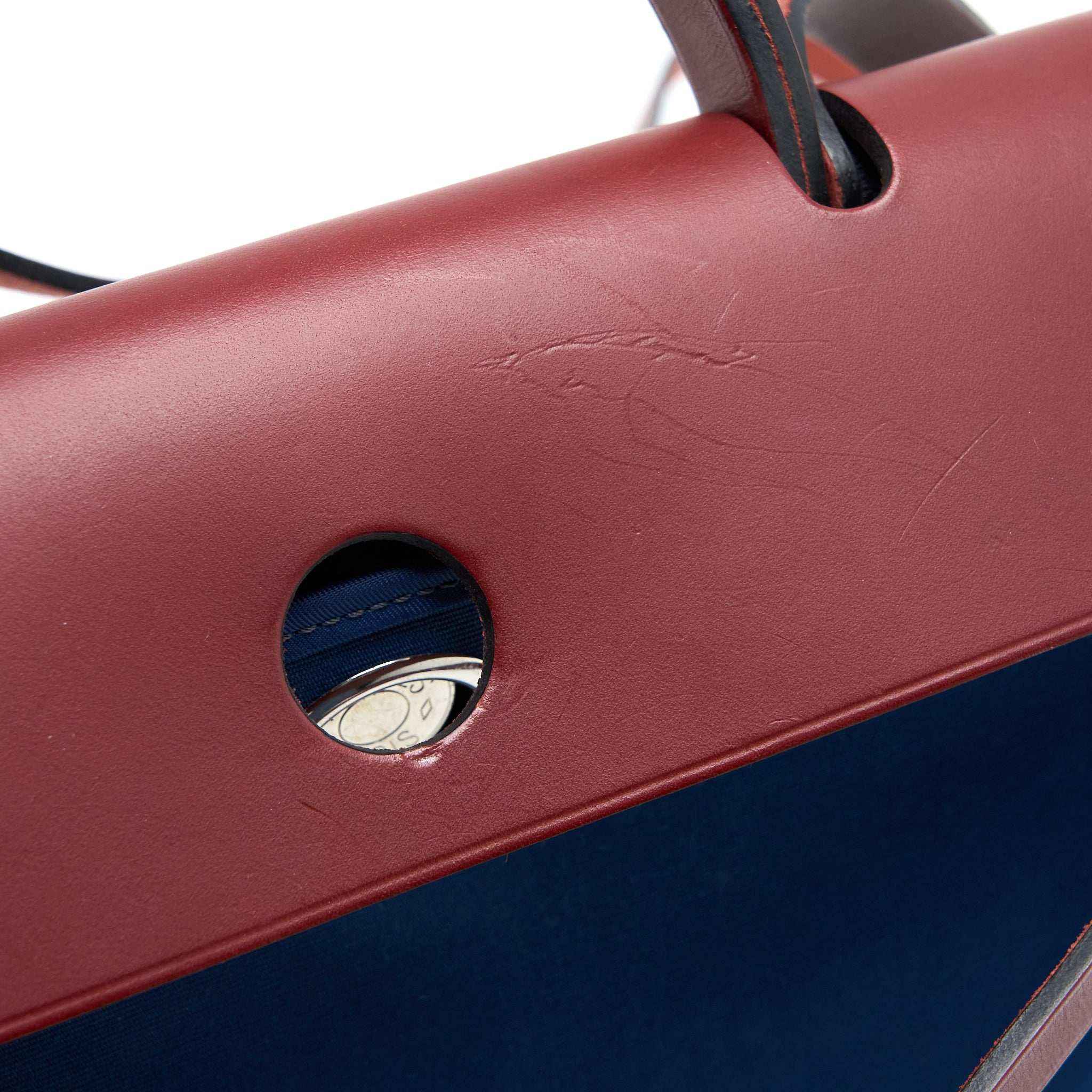 HERMES HERBAG ZIP 31 LEATHER/CANVAS BLUE/RED SHW