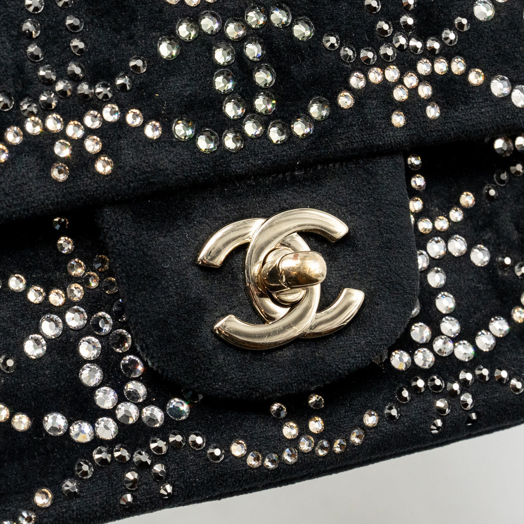 CHANEL MINI RECTANGULAR FLAP BAG VELVET WITH CRYSTAL BLACK LGHW