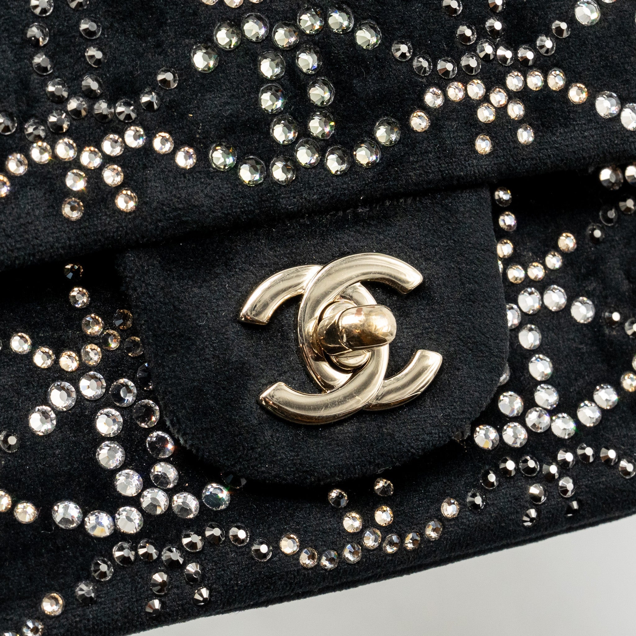 CHANEL MINI RECTANGULAR FLAP BAG VELVET WITH CRYSTAL BLACK LGHW