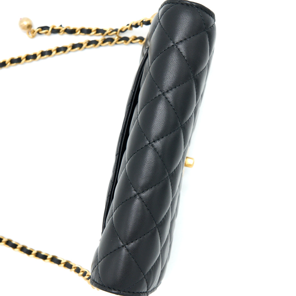 CHANEL PEARL CRUSH WALLET ON CHAIN LAMBSKIN BLACK BRUSHED GHW (MICROCHIP)