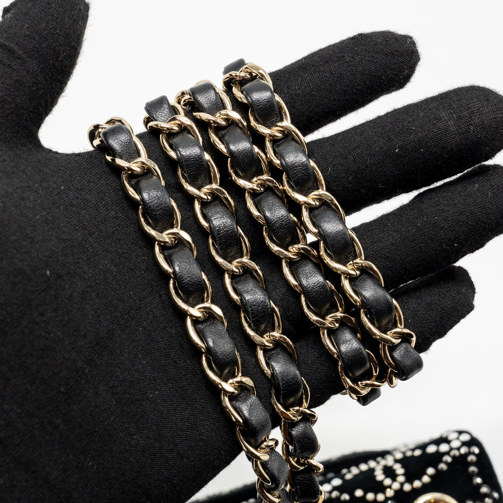 CHANEL MINI RECTANGULAR FLAP BAG VELVET WITH CRYSTAL BLACK LGHW