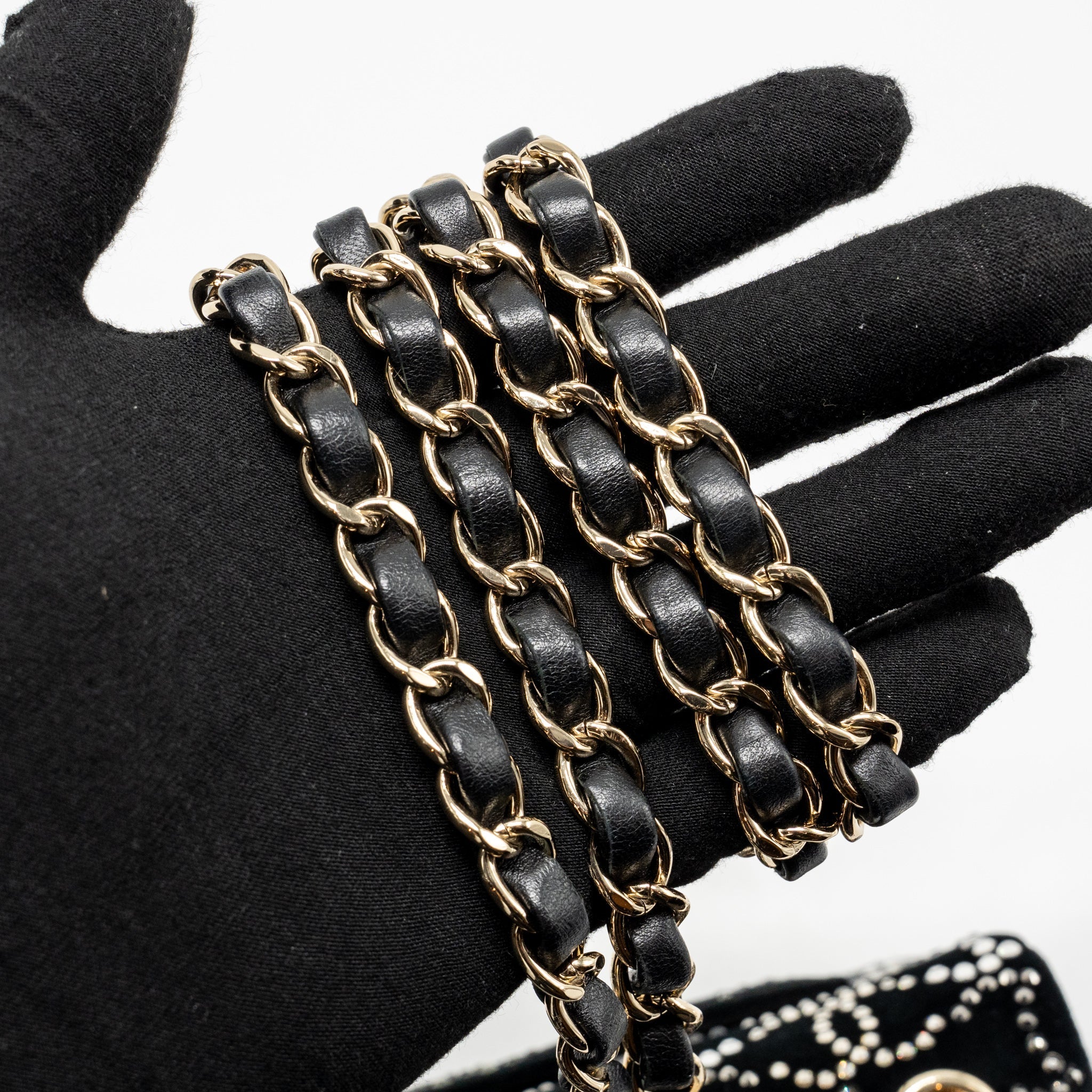 CHANEL MINI RECTANGULAR FLAP BAG VELVET WITH CRYSTAL BLACK LGHW