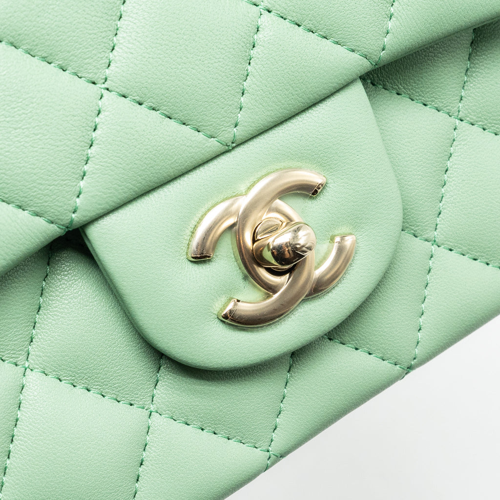 CHANEL TOP HANDLE MINI RECTANGULAR FLAP BAG LAMBSKIN LIGHT GREEN LGHW (MICROCHIP)