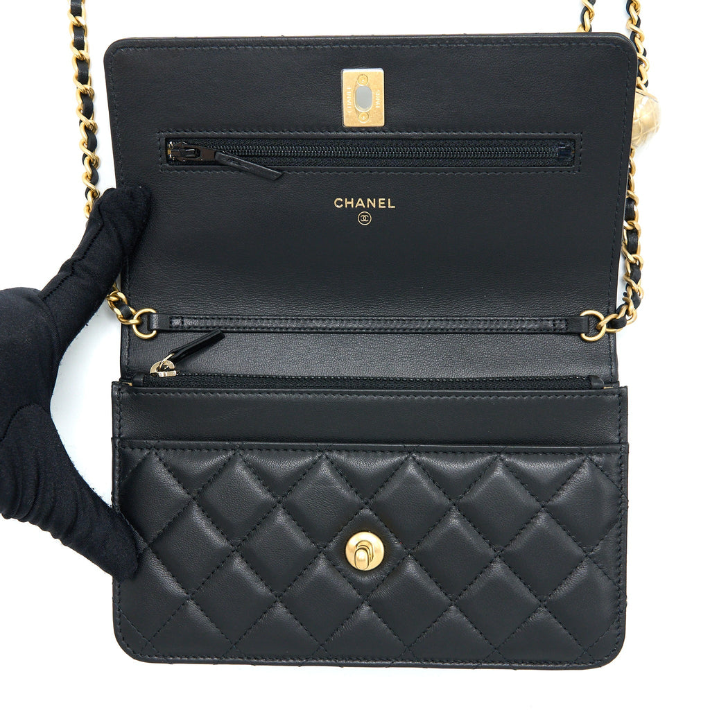 CHANEL PEARL CRUSH WALLET ON CHAIN LAMBSKIN BLACK BRUSHED GHW (MICROCHIP)