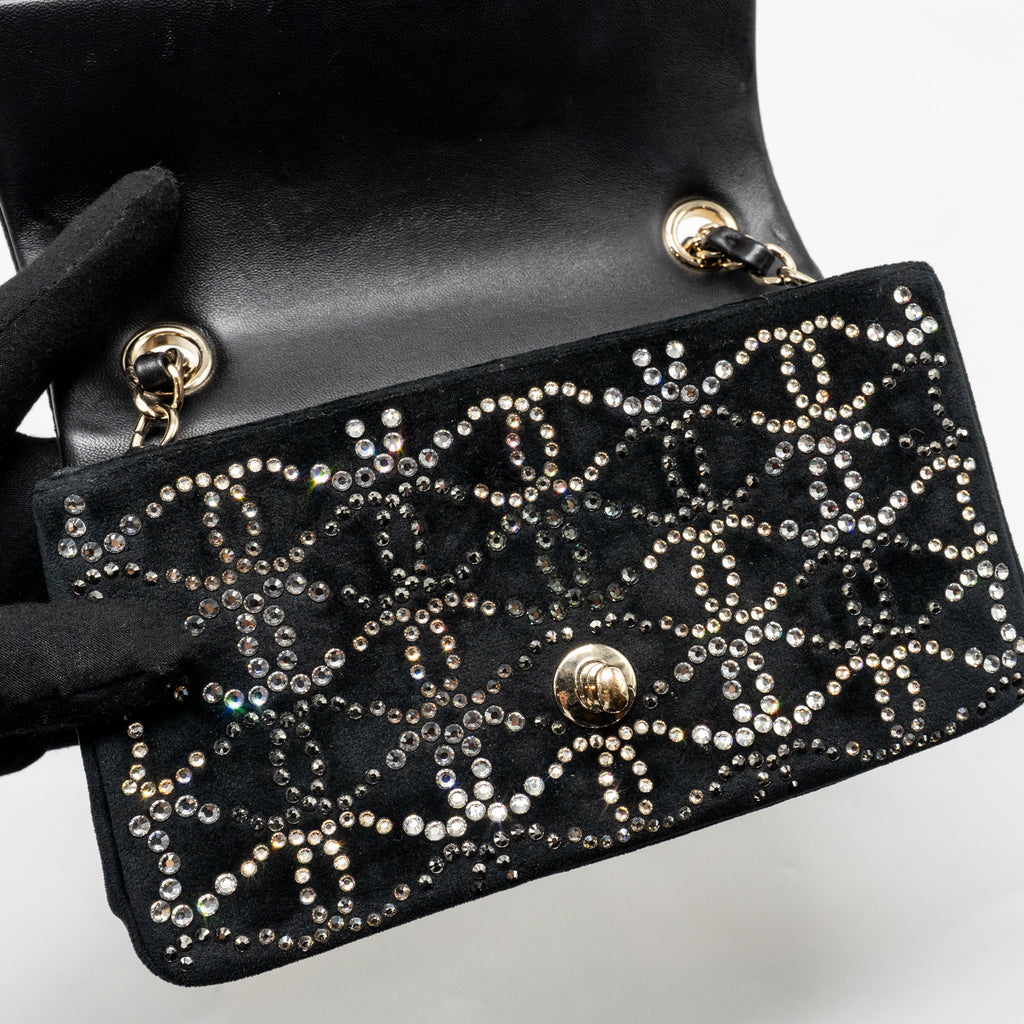 CHANEL MINI RECTANGULAR FLAP BAG VELVET WITH CRYSTAL BLACK LGHW