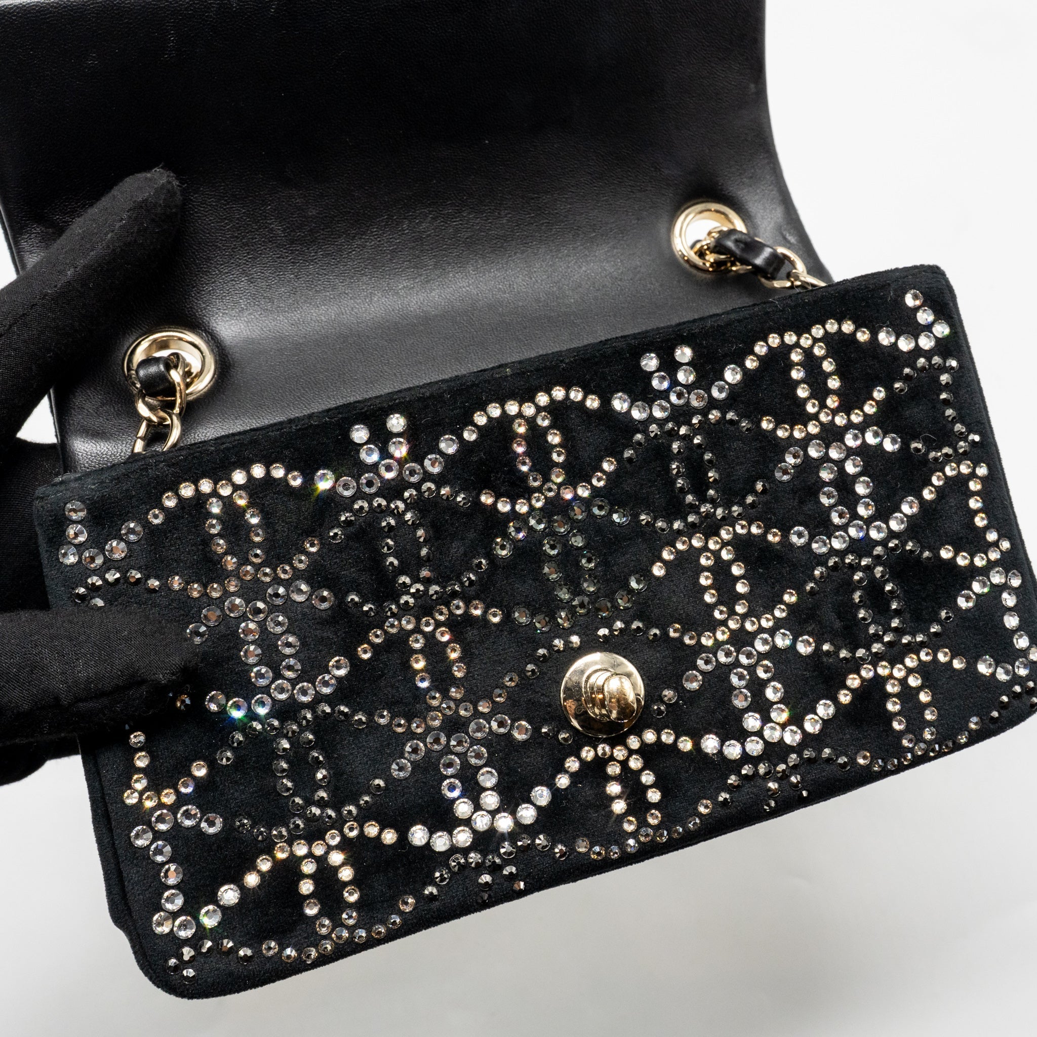 CHANEL MINI RECTANGULAR FLAP BAG VELVET WITH CRYSTAL BLACK LGHW