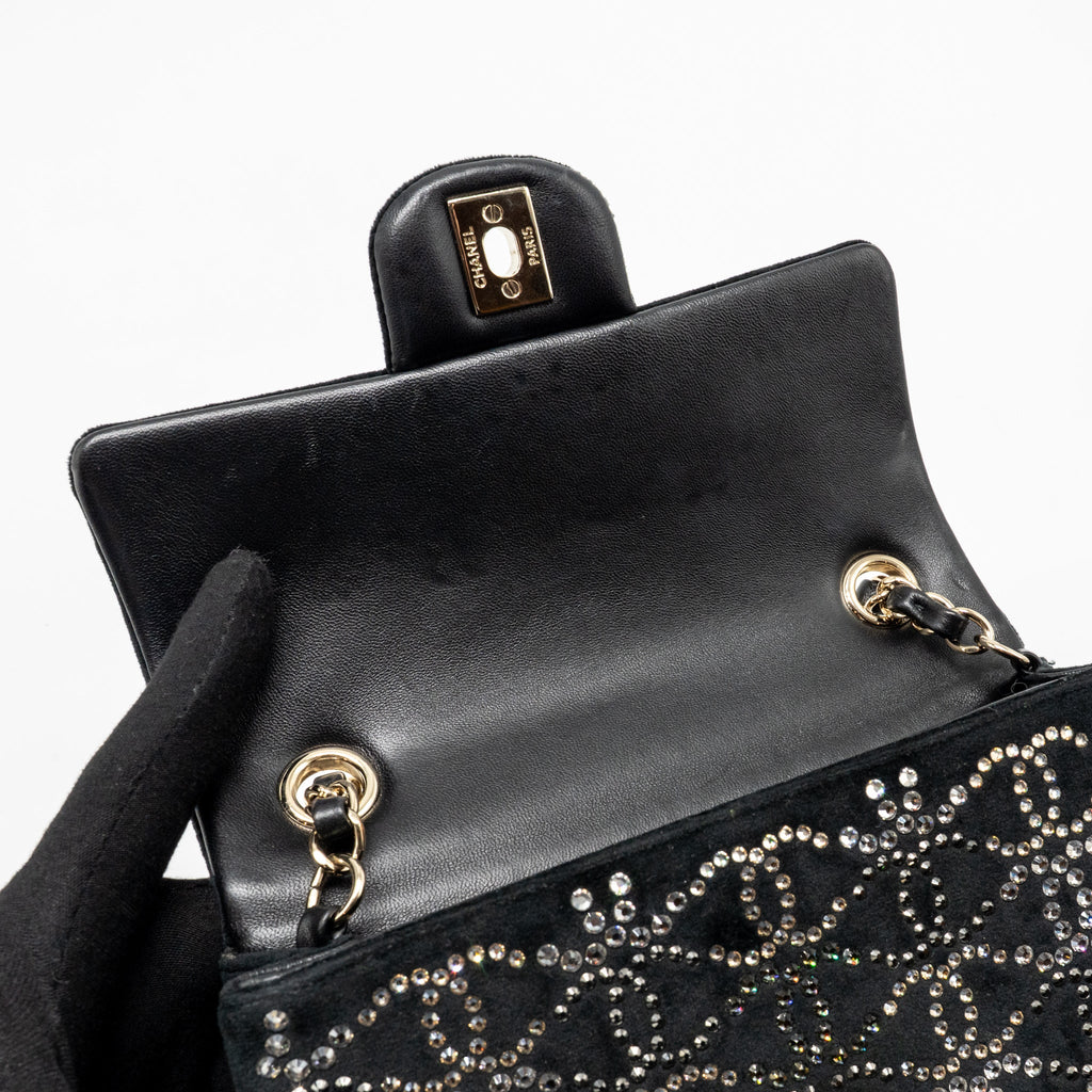 CHANEL MINI RECTANGULAR FLAP BAG VELVET WITH CRYSTAL BLACK LGHW