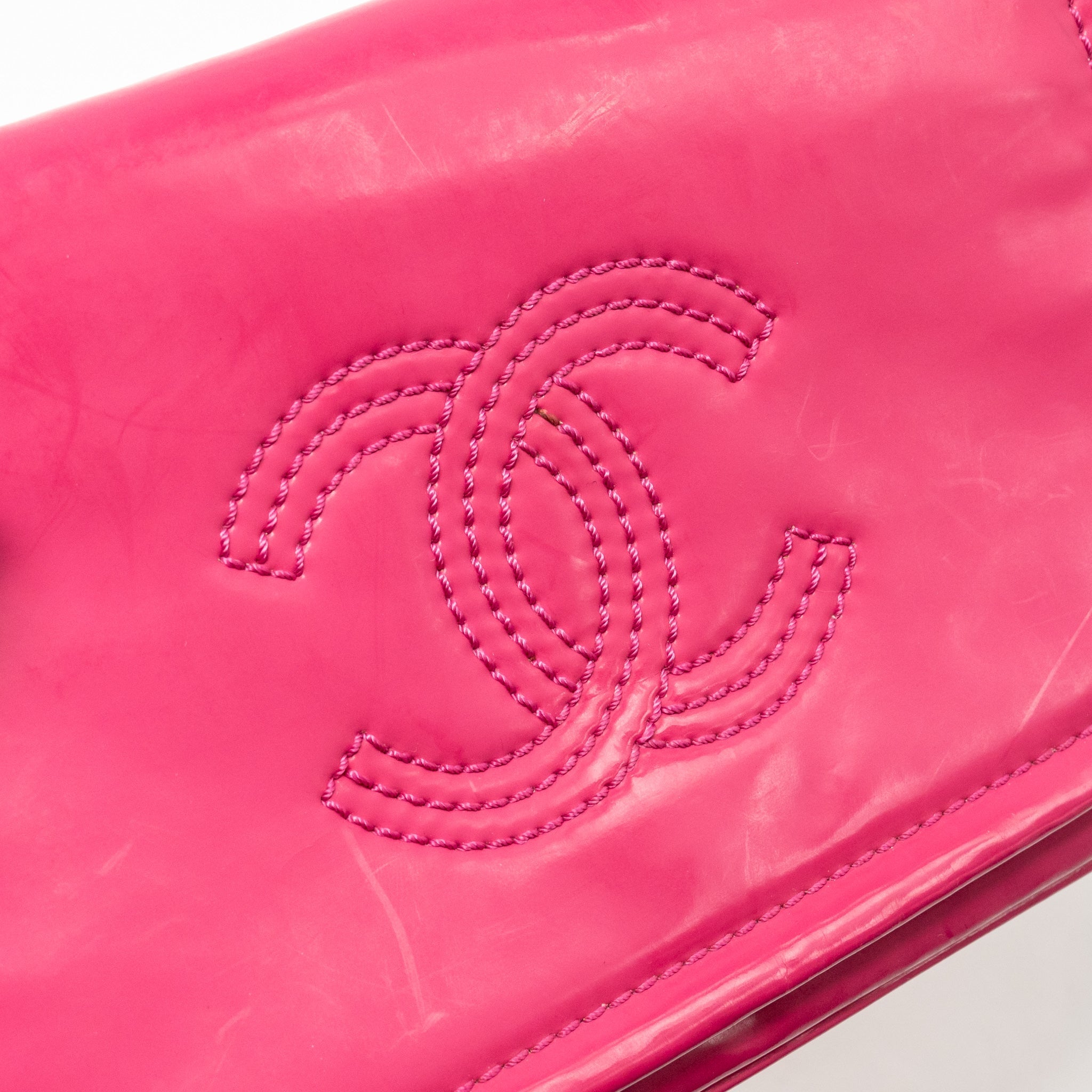 CHANEL SMALL VINYL FLAP BAG WITH CHAIN LEATHER HOT PINK SHW