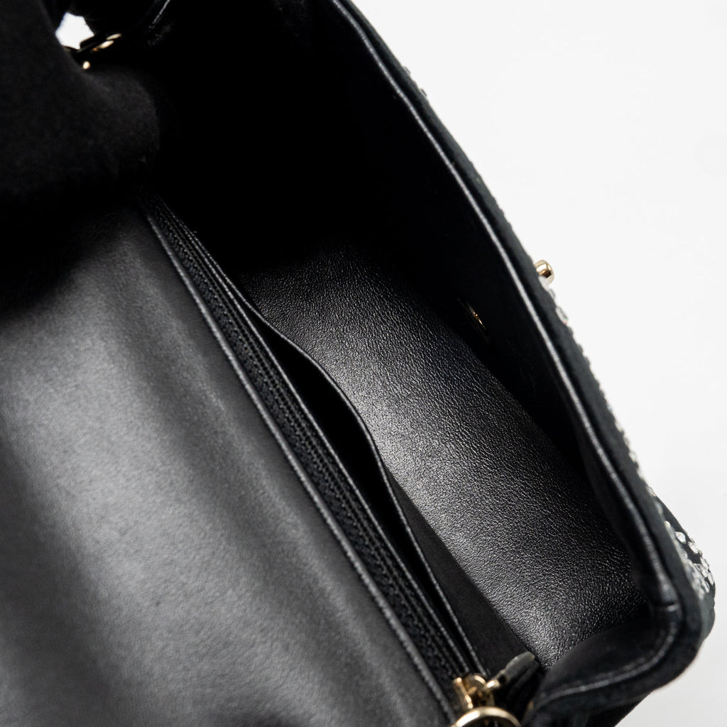 CHANEL MINI RECTANGULAR FLAP BAG VELVET WITH CRYSTAL BLACK LGHW