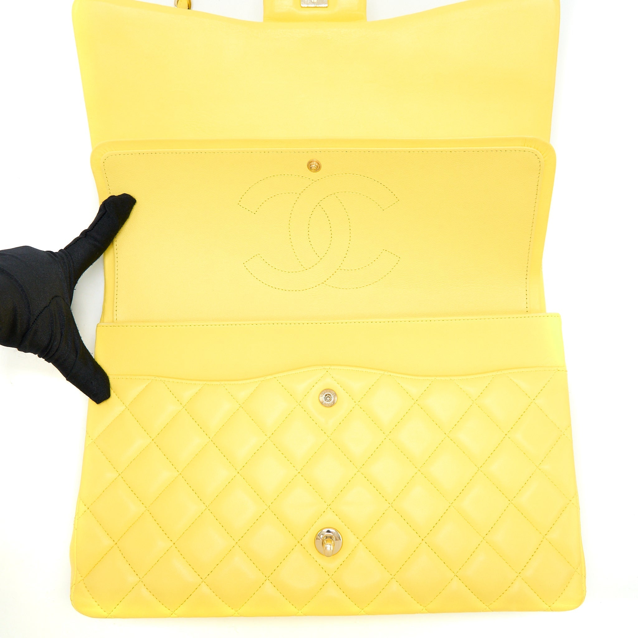 CHANEL MAXI CLASSIC DOUBLE FLAP BAG LAMBSKIN YELLOW LGHW