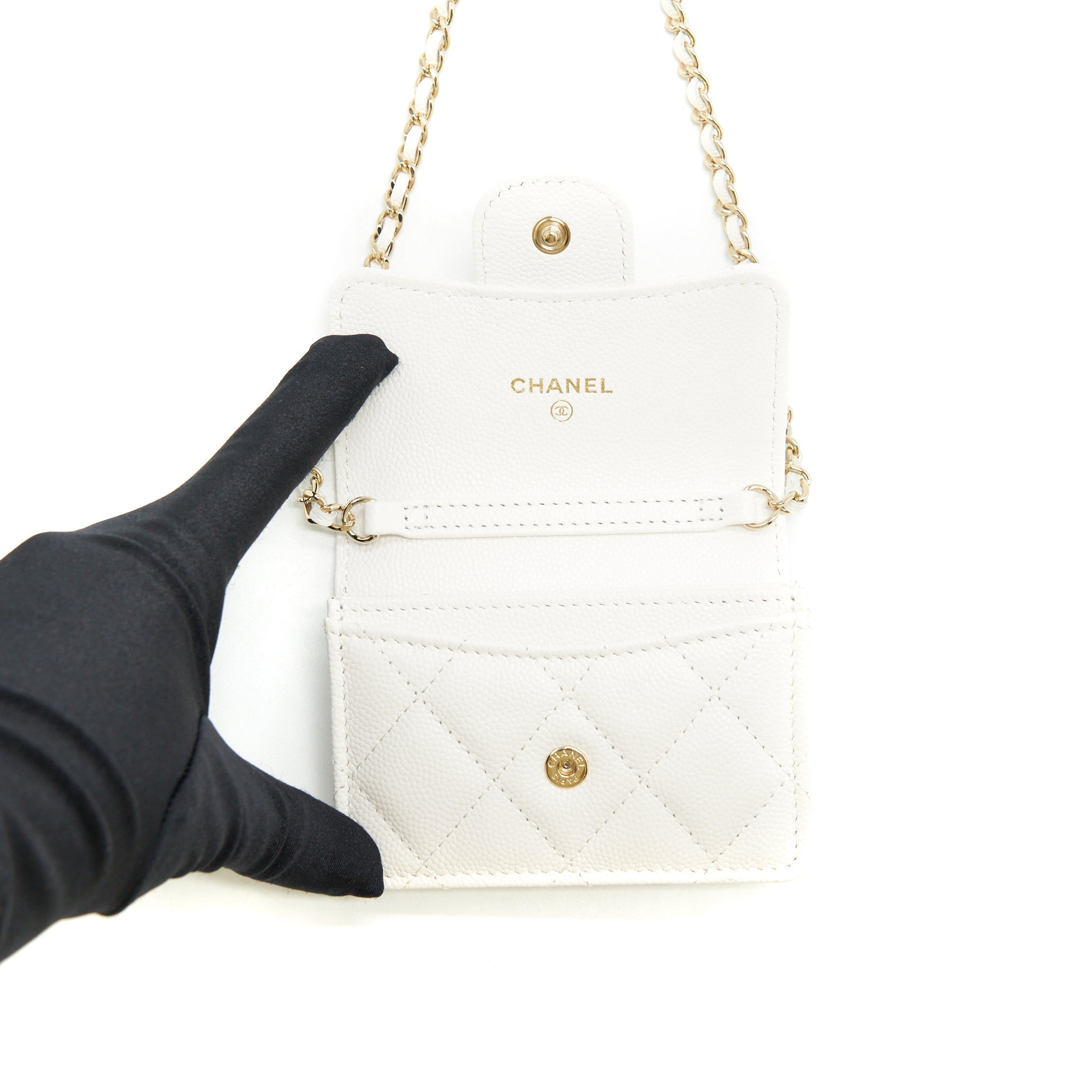CHANEL 21B CARD HOLDER ON CHAIN CAVIAR WHITE LGHW