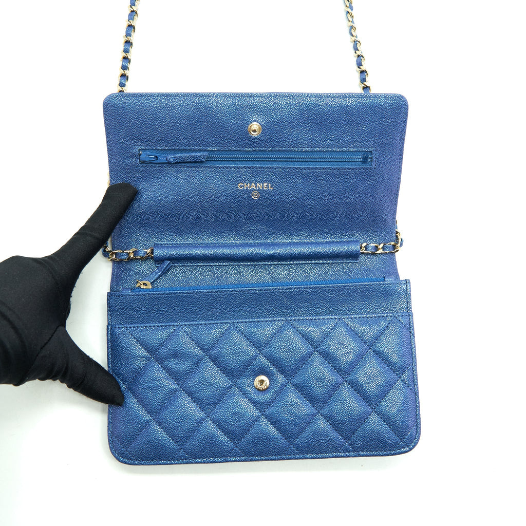 CHANEL CLASSIC WALLET ON CHAIN CAVIAR IRIDESCENT BLUE LGHW