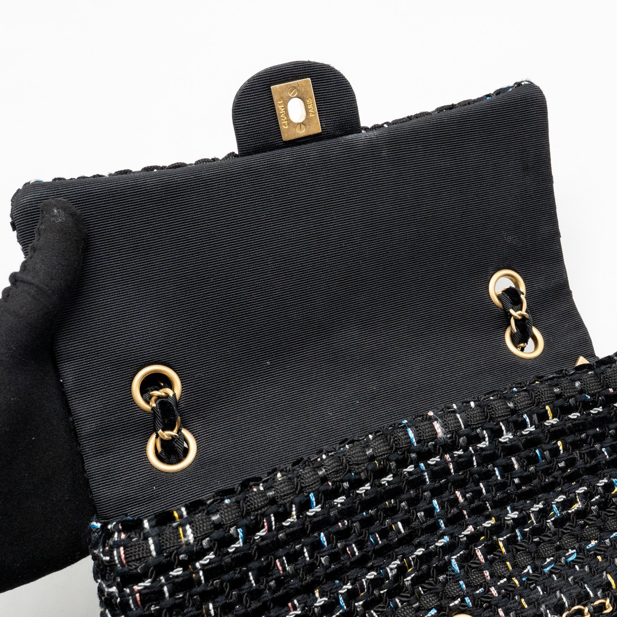 CHANEL MEDIUM SINGLE FLAP BAG TWEED BLACK GHW