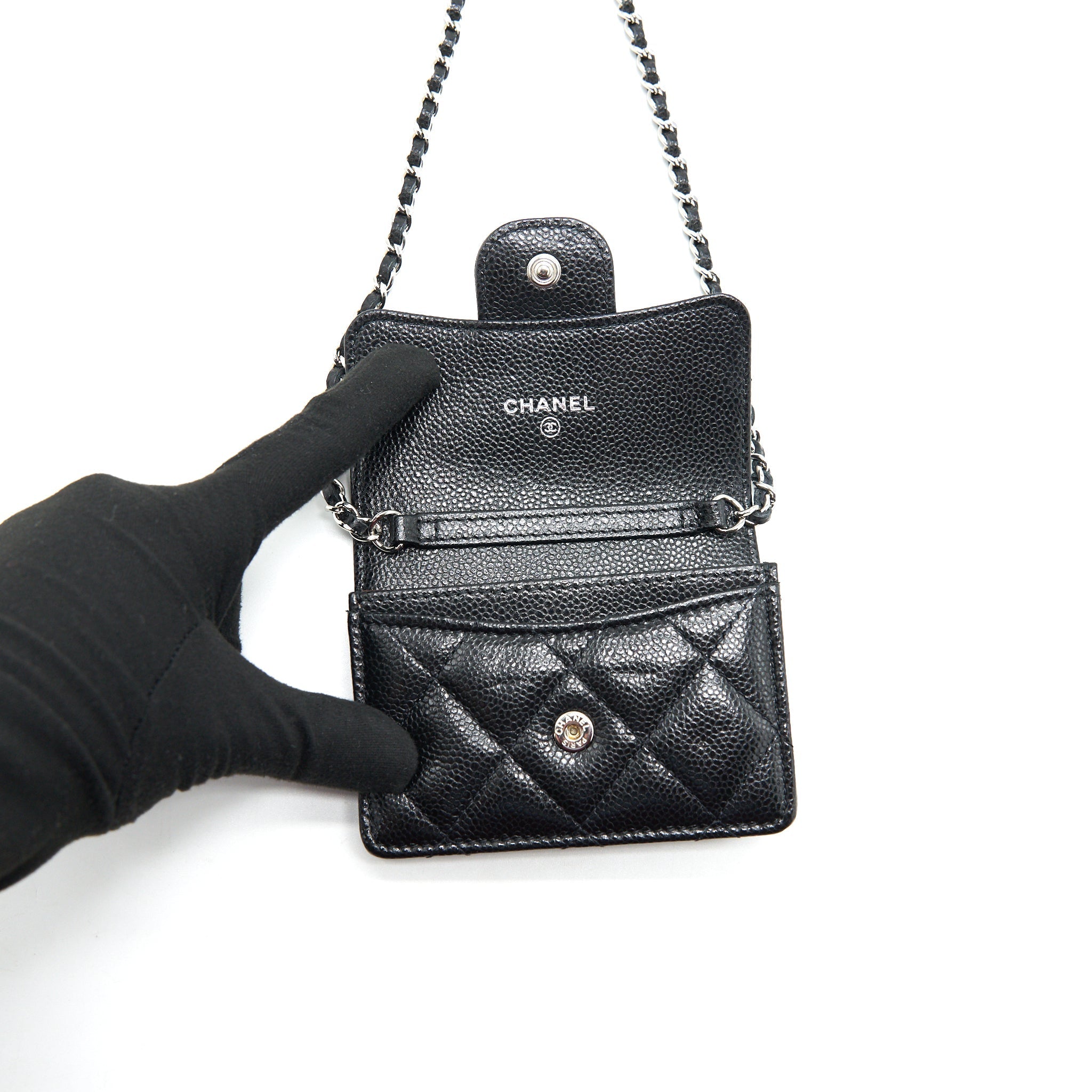 CHANEL CARD HOLDER WITH CHAIN BLACK CAVIAR SHW