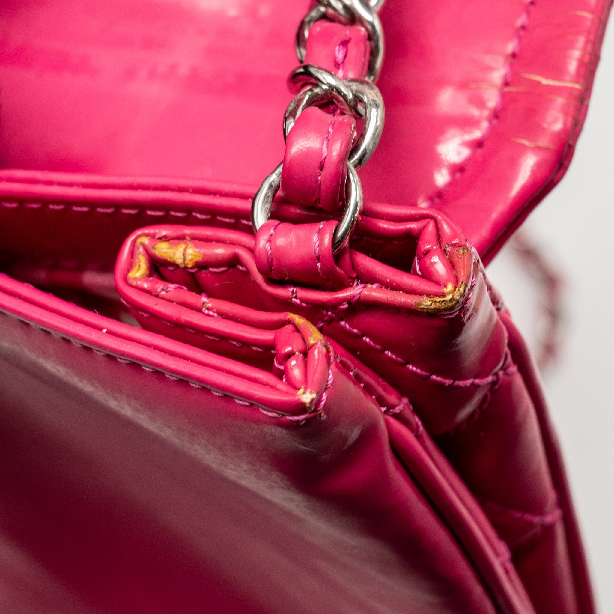 CHANEL SMALL VINYL FLAP BAG WITH CHAIN LEATHER HOT PINK SHW