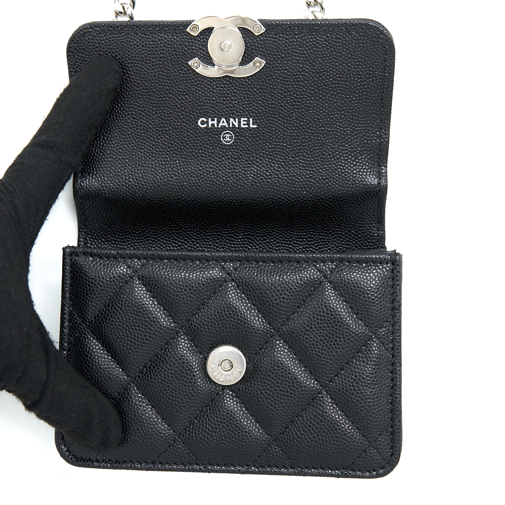 CHANEL DETAILED TOP HANDLE MINI FLAP BAG WITH CHAIN CAVIAR BLACK SHW