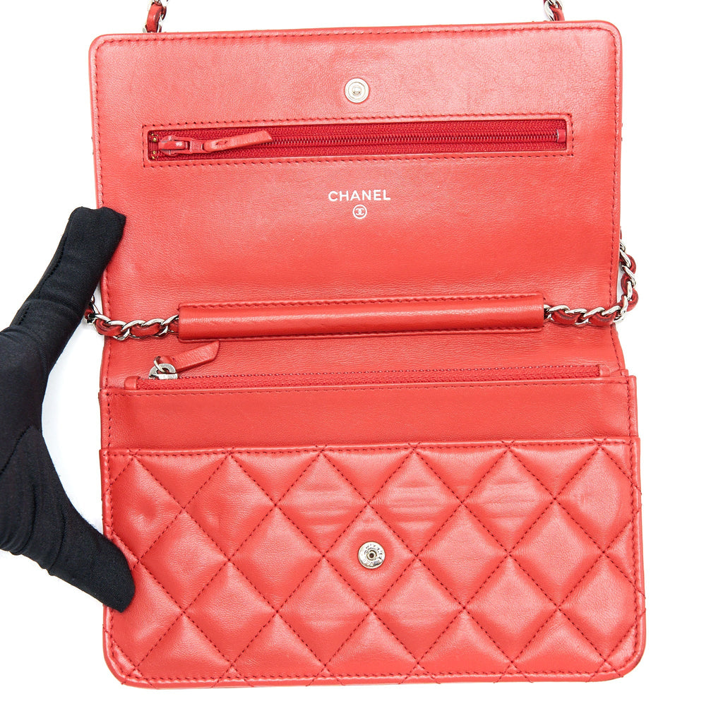 CHANEL CLASSIC WALLET ON CHAIN LAMBSKIN ORANGE RED SHW