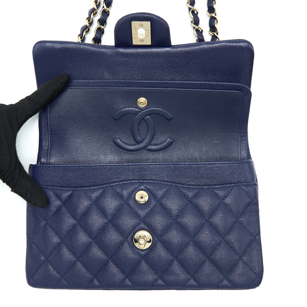CHANEL SMALL CLASSIC DOUBLE FLAP BAG CAVIAR DARK BLUE LGHW