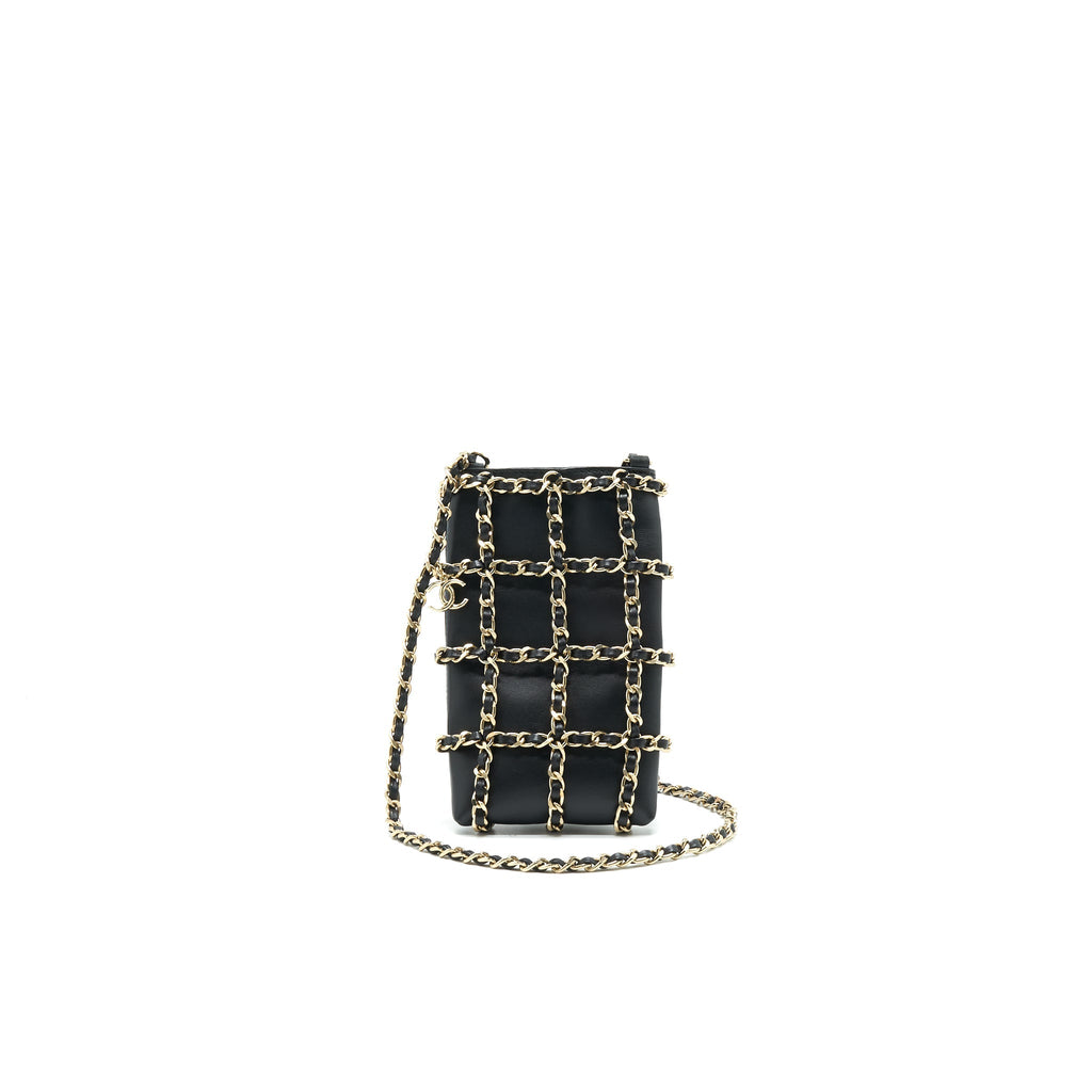 CHANEL GOLD CLUTCH O CHAIN PHONE HOLDER BLACK GHW
