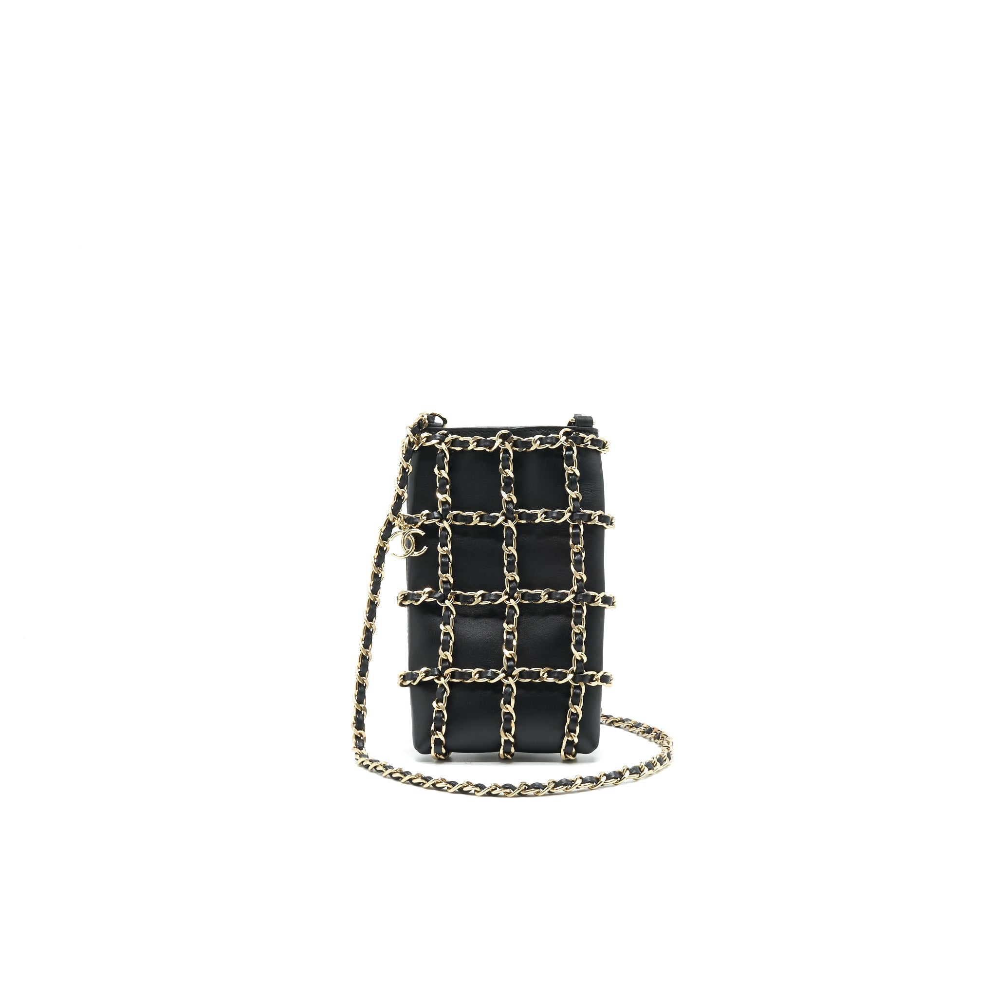 CHANEL GOLD CLUTCH O CHAIN PHONE HOLDER BLACK GHW