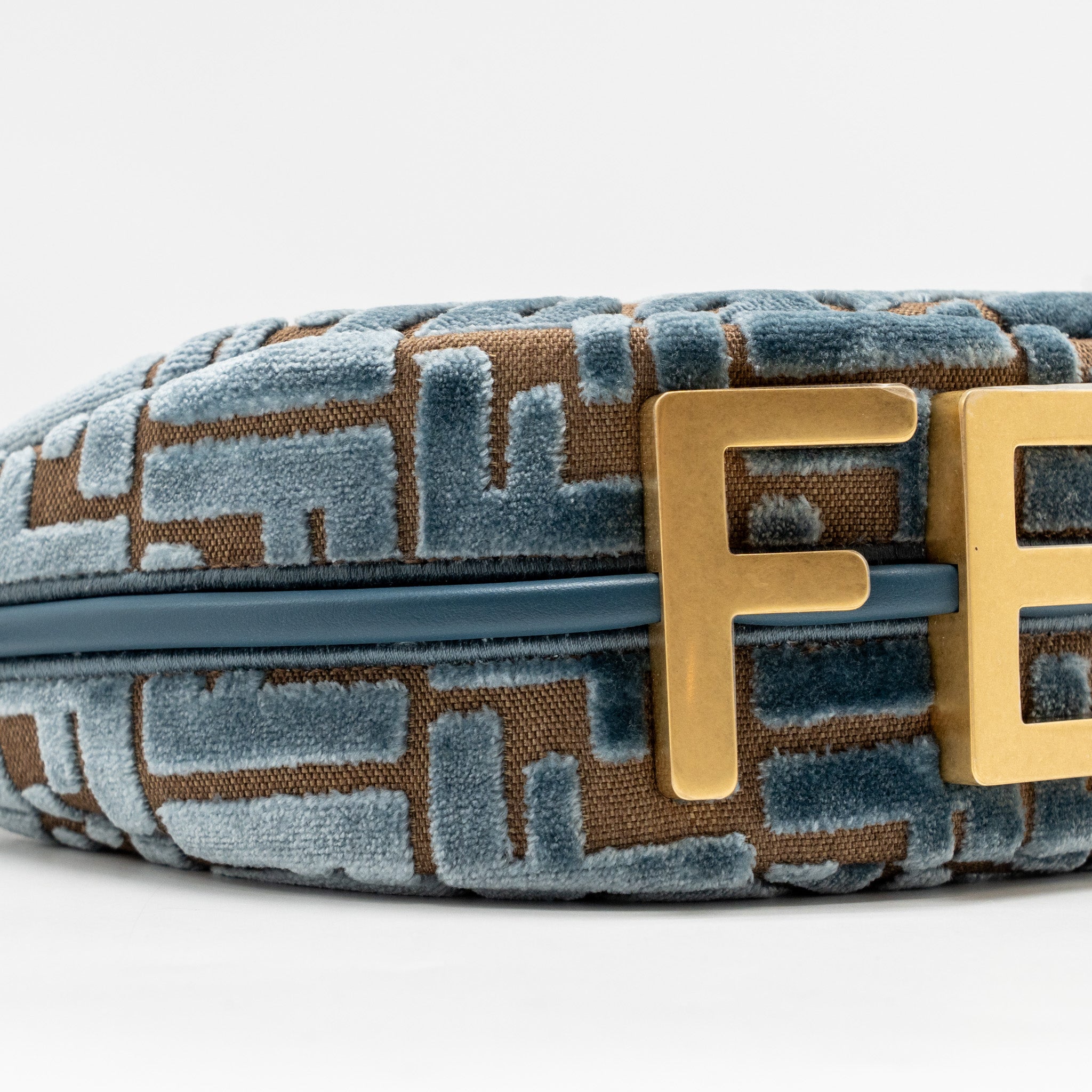 FENDI FENDIGRAPHY MINI BAG FF JACQUARD VELVET LIGHT BLUE/BROWN GHW